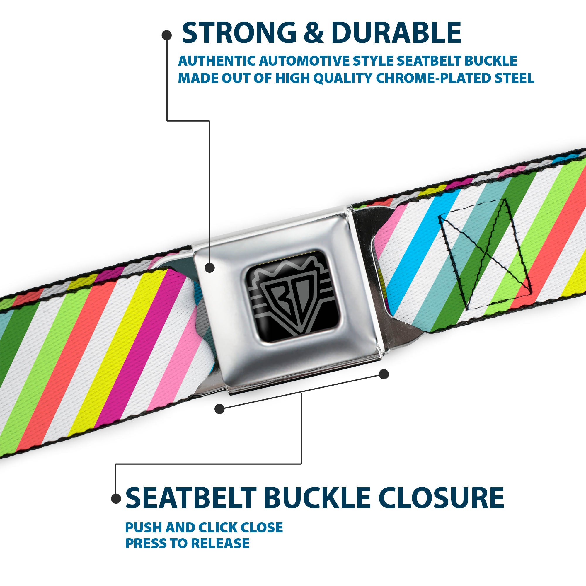 BD Wings Logo CLOSE-UP Full Color Black Silver Seatbelt Belt - Diagonal Stripes White/Multi Color Webbing Seatbelt Belts Buckle-Down