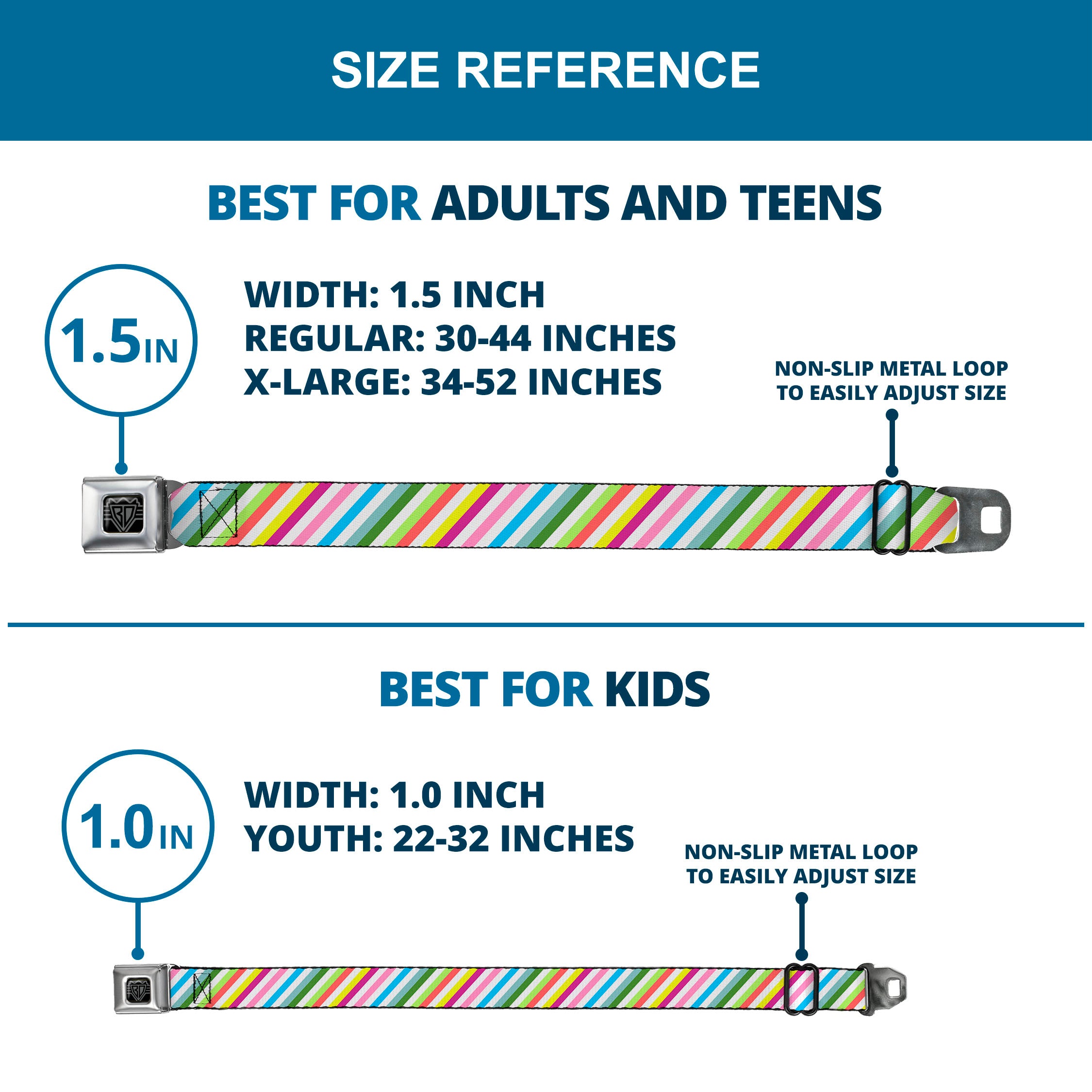 BD Wings Logo CLOSE-UP Full Color Black Silver Seatbelt Belt - Diagonal Stripes White/Multi Color Webbing Seatbelt Belts Buckle-Down