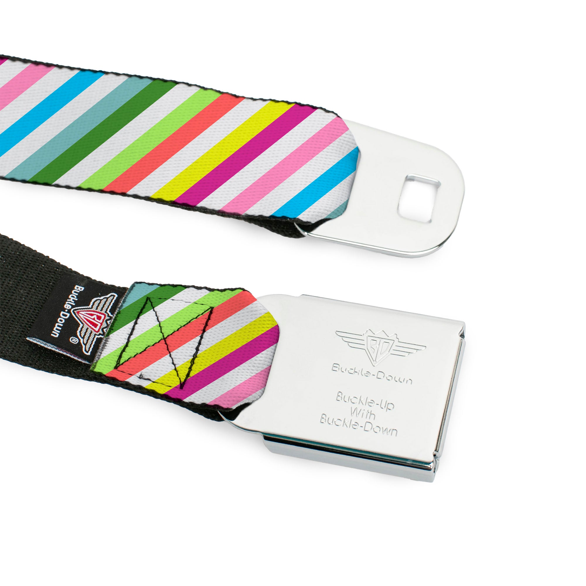 BD Wings Logo CLOSE-UP Full Color Black Silver Seatbelt Belt - Diagonal Stripes White/Multi Color Webbing Seatbelt Belts Buckle-Down