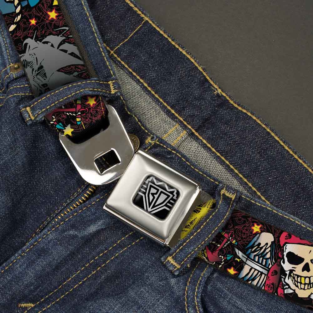 BD Wings Logo CLOSE-UP Full Color Black Silver Seatbelt Belt - Dead Men Tell No Tales Black Webbing Seatbelt Belts Buckle-Down