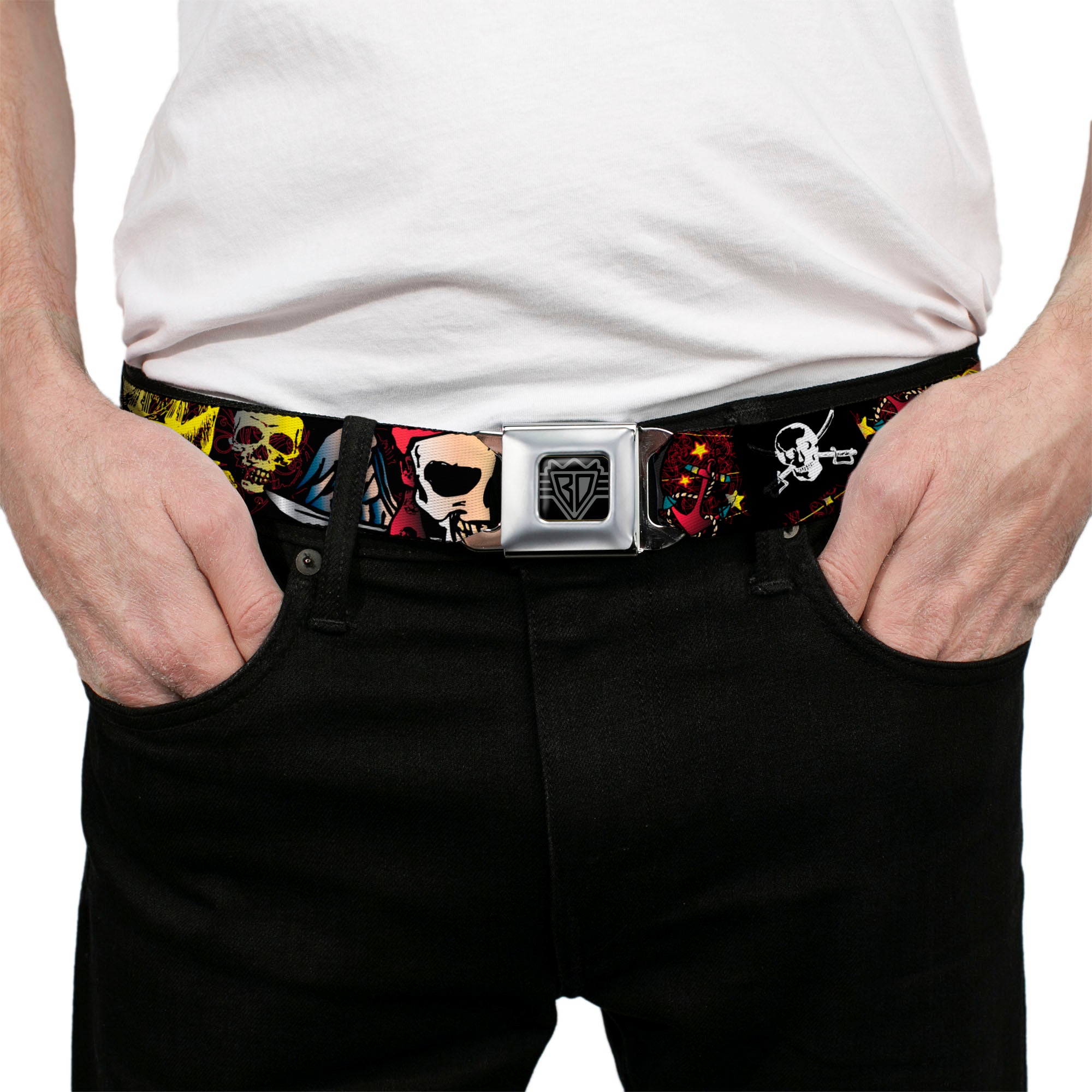 BD Wings Logo CLOSE-UP Full Color Black Silver Seatbelt Belt - Dead Men Tell No Tales Black Webbing Seatbelt Belts Buckle-Down