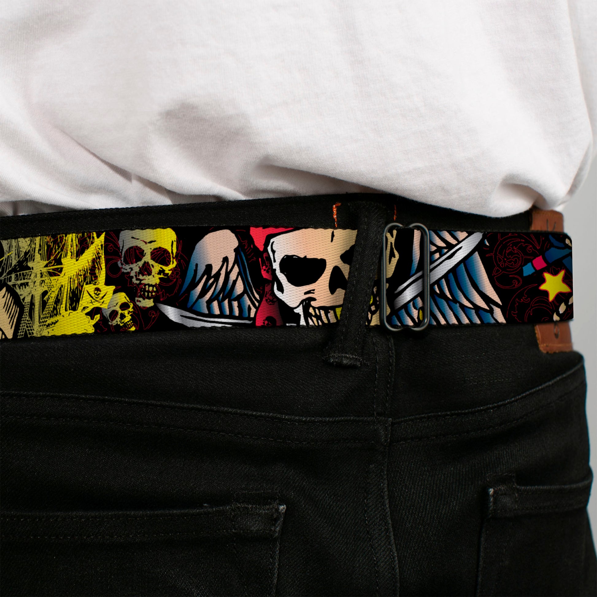BD Wings Logo CLOSE-UP Full Color Black Silver Seatbelt Belt - Dead Men Tell No Tales Black Webbing Seatbelt Belts Buckle-Down