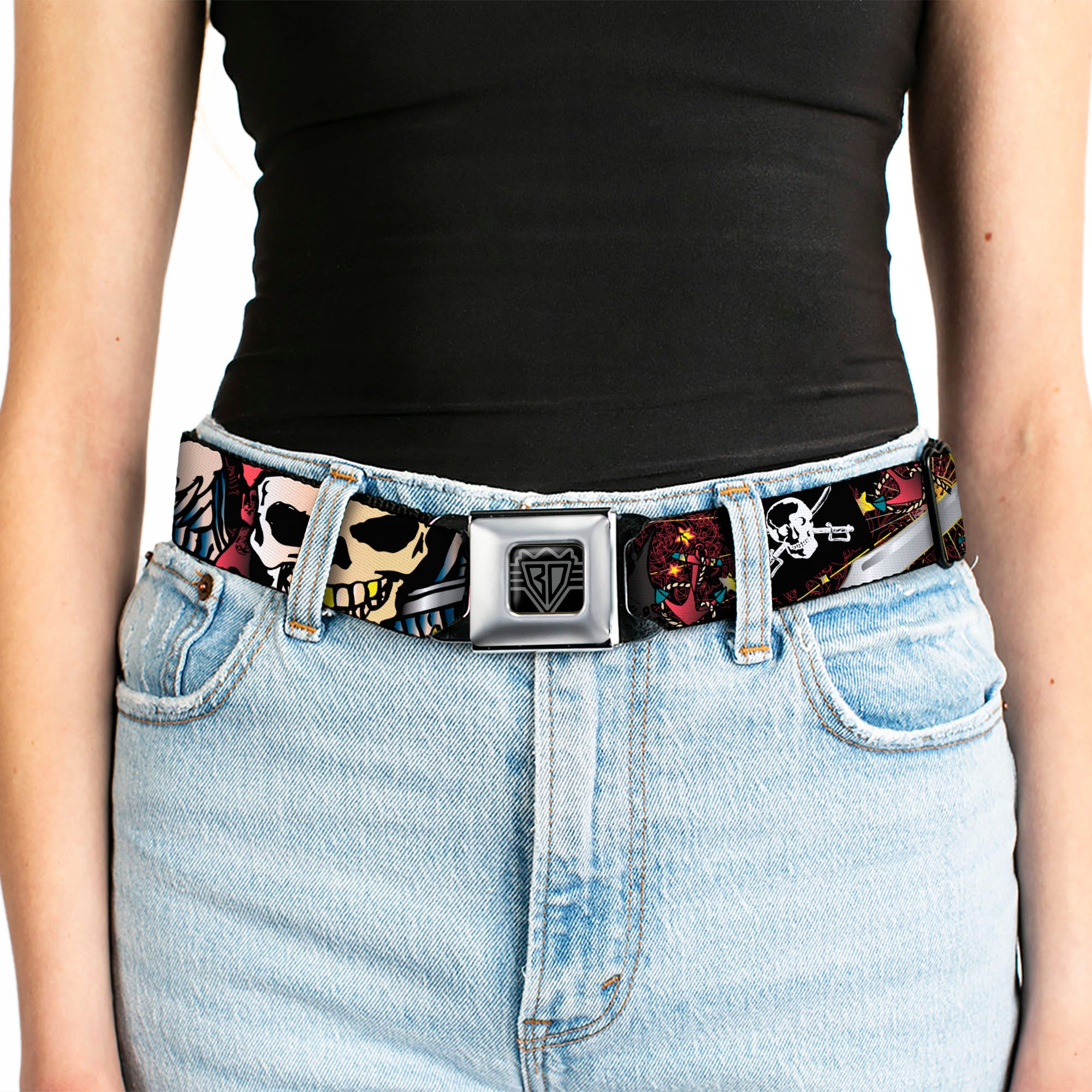 BD Wings Logo CLOSE-UP Full Color Black Silver Seatbelt Belt - Dead Men Tell No Tales Black Webbing Seatbelt Belts Buckle-Down