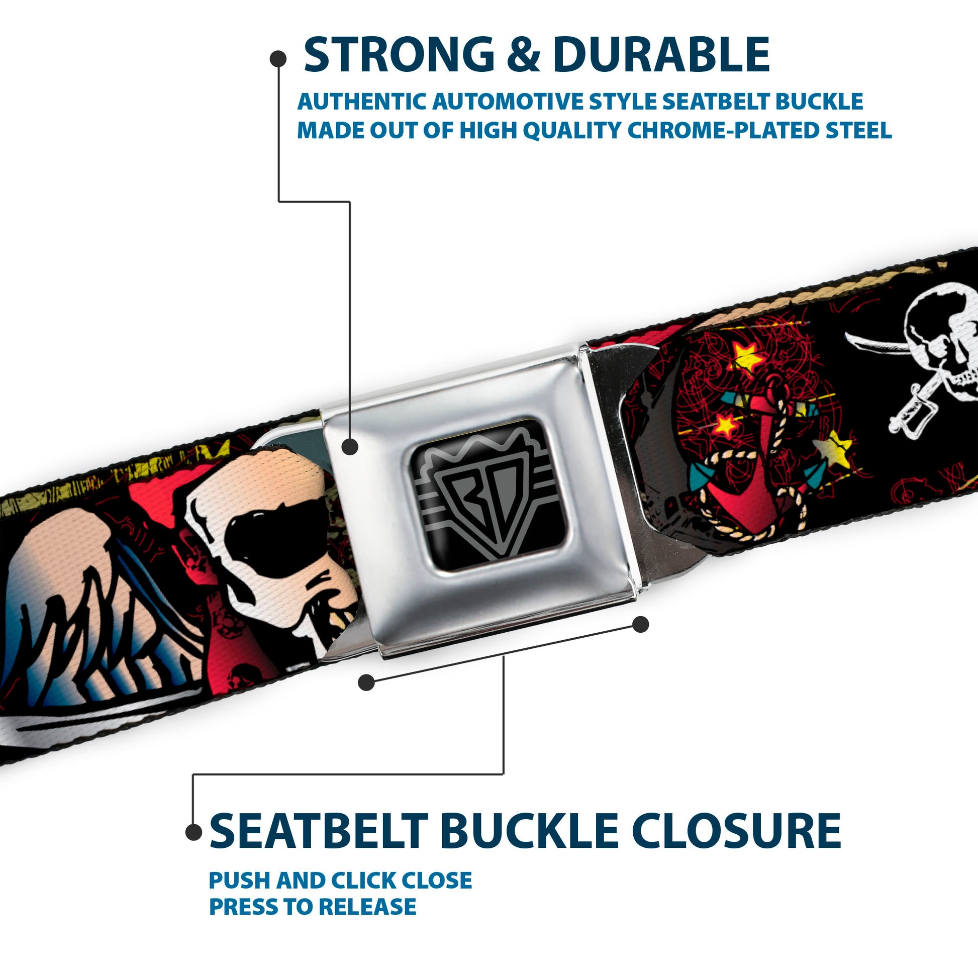 BD Wings Logo CLOSE-UP Full Color Black Silver Seatbelt Belt - Dead Men Tell No Tales Black Webbing Seatbelt Belts Buckle-Down