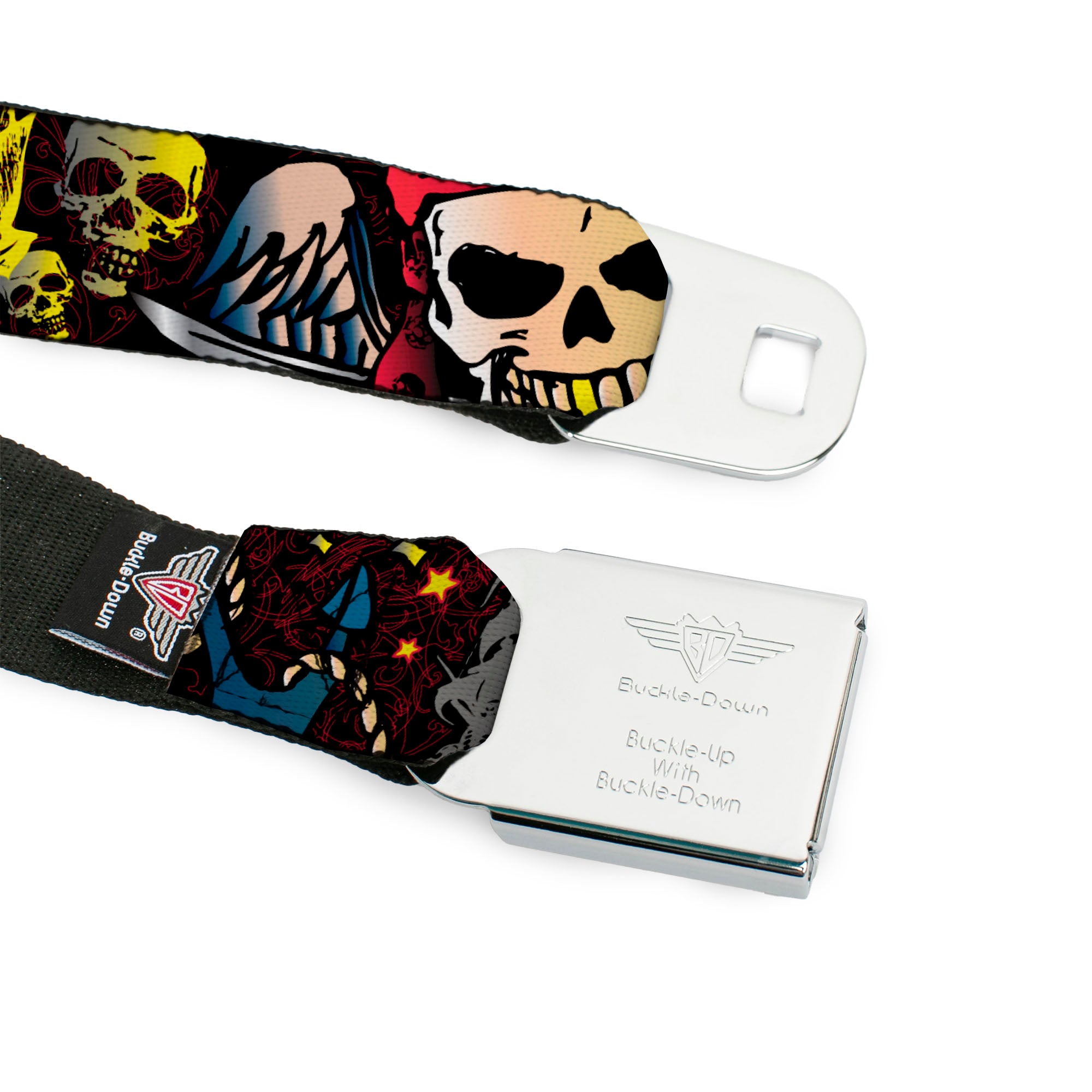 BD Wings Logo CLOSE-UP Full Color Black Silver Seatbelt Belt - Dead Men Tell No Tales Black Webbing Seatbelt Belts Buckle-Down