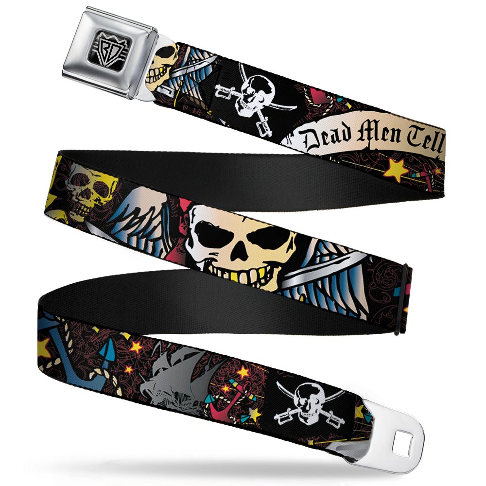 BD Wings Logo CLOSE-UP Full Color Black Silver Seatbelt Belt - Dead Men Tell No Tales Black Webbing Seatbelt Belts Buckle-Down