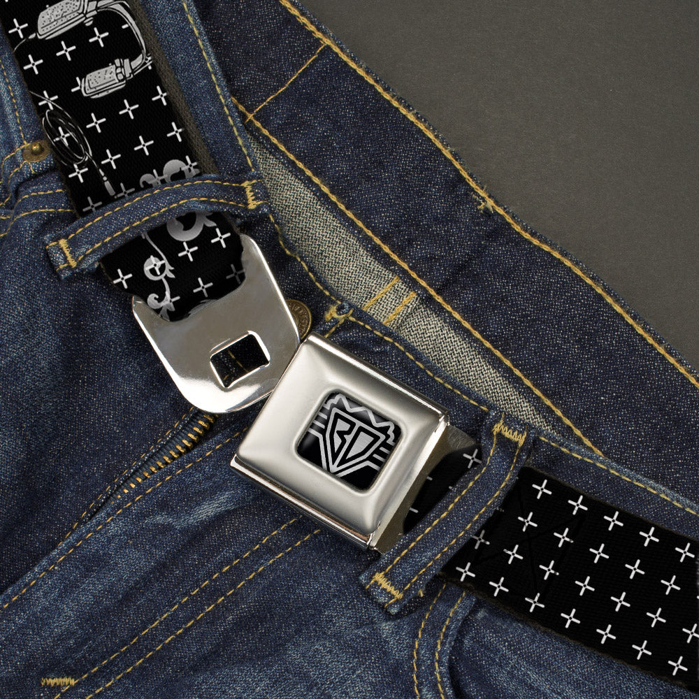 BD Wings Logo CLOSE-UP Full Color Black Silver Seatbelt Belt - DJ Skulls Black/Gray Webbing Seatbelt Belts Buckle-Down