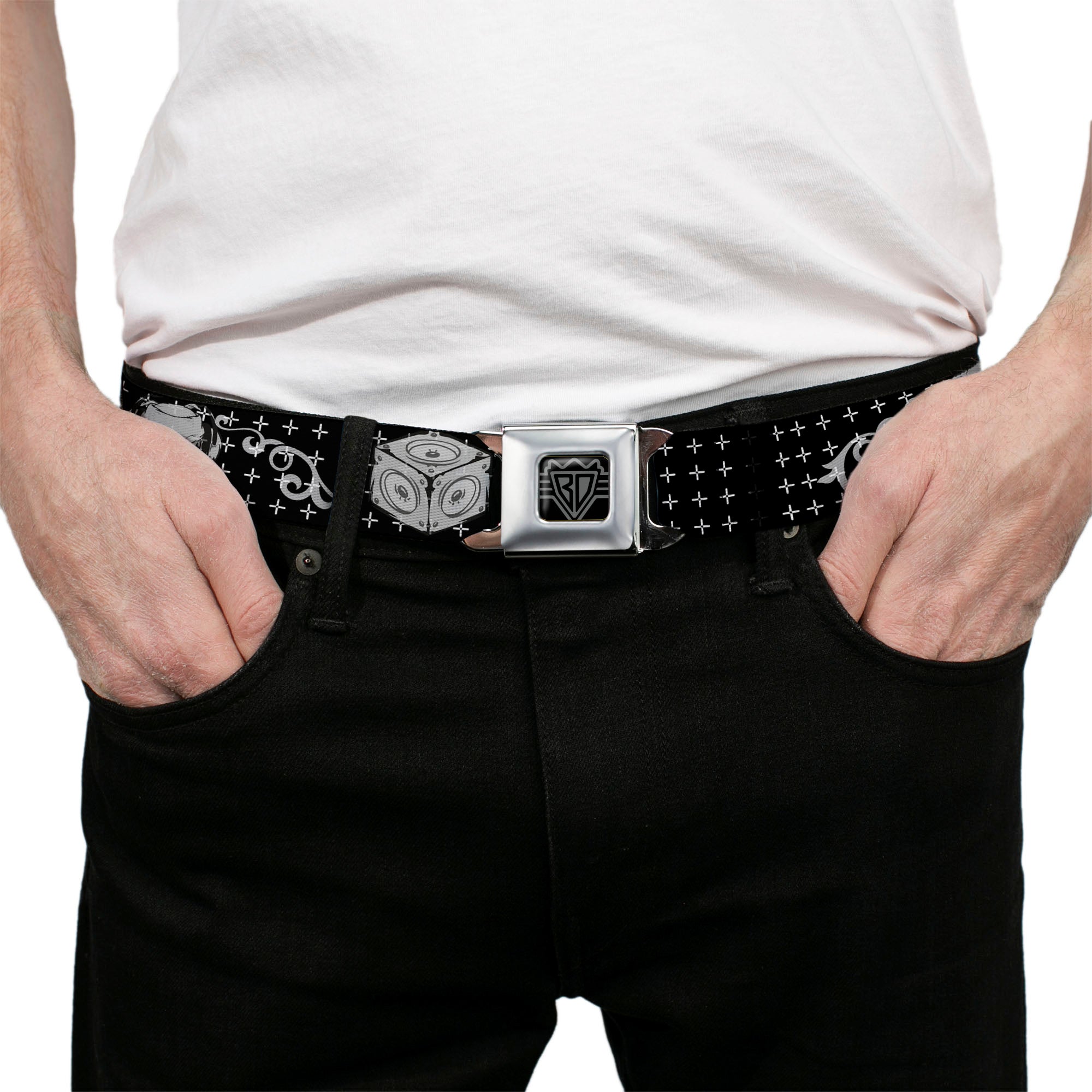 BD Wings Logo CLOSE-UP Full Color Black Silver Seatbelt Belt - DJ Skulls Black/Gray Webbing Seatbelt Belts Buckle-Down