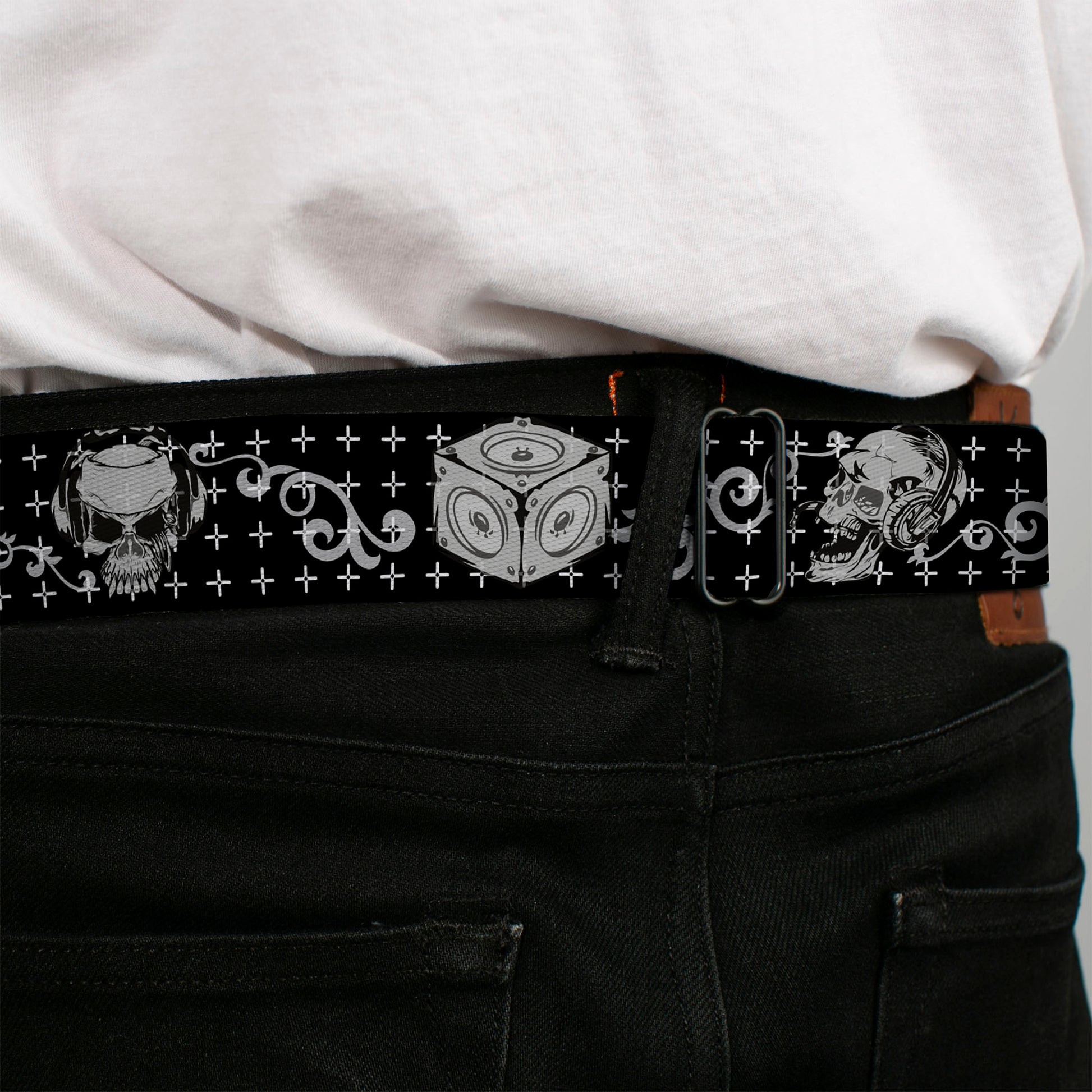 BD Wings Logo CLOSE-UP Full Color Black Silver Seatbelt Belt - DJ Skulls Black/Gray Webbing Seatbelt Belts Buckle-Down