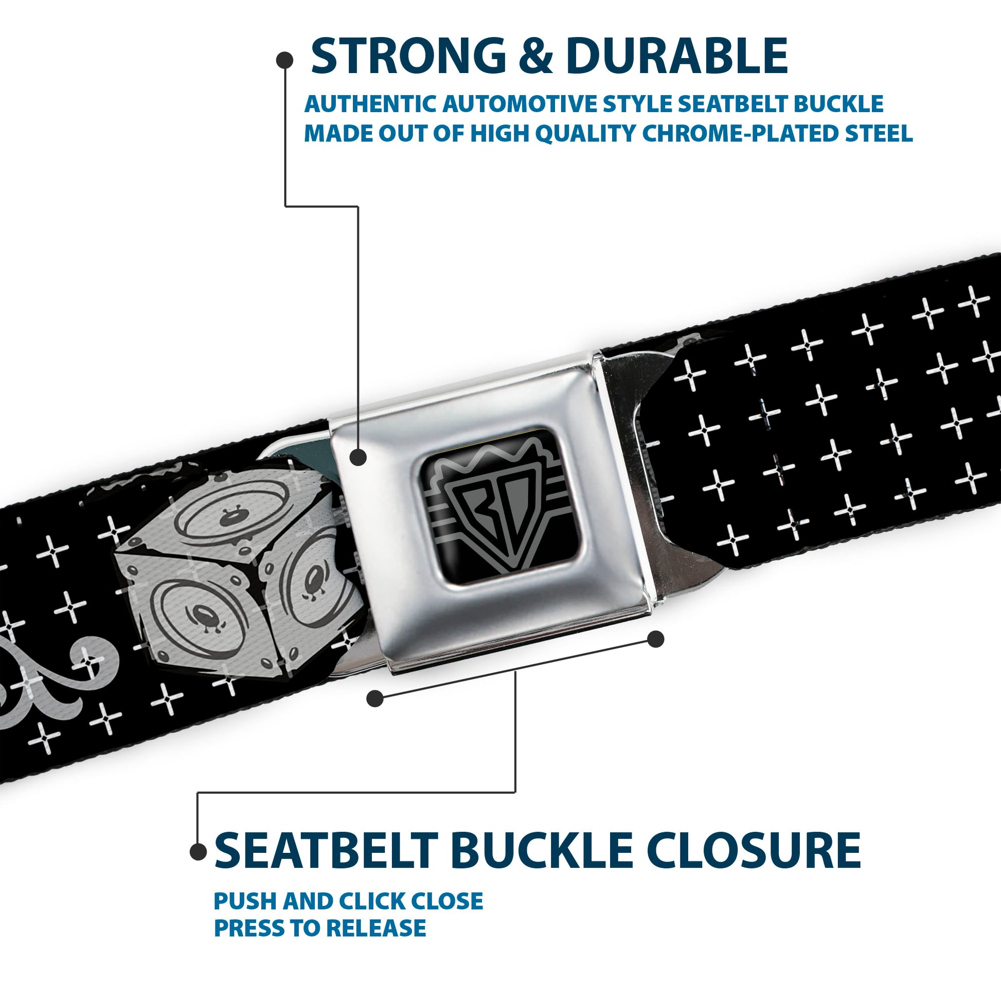 BD Wings Logo CLOSE-UP Full Color Black Silver Seatbelt Belt - DJ Skulls Black/Gray Webbing Seatbelt Belts Buckle-Down