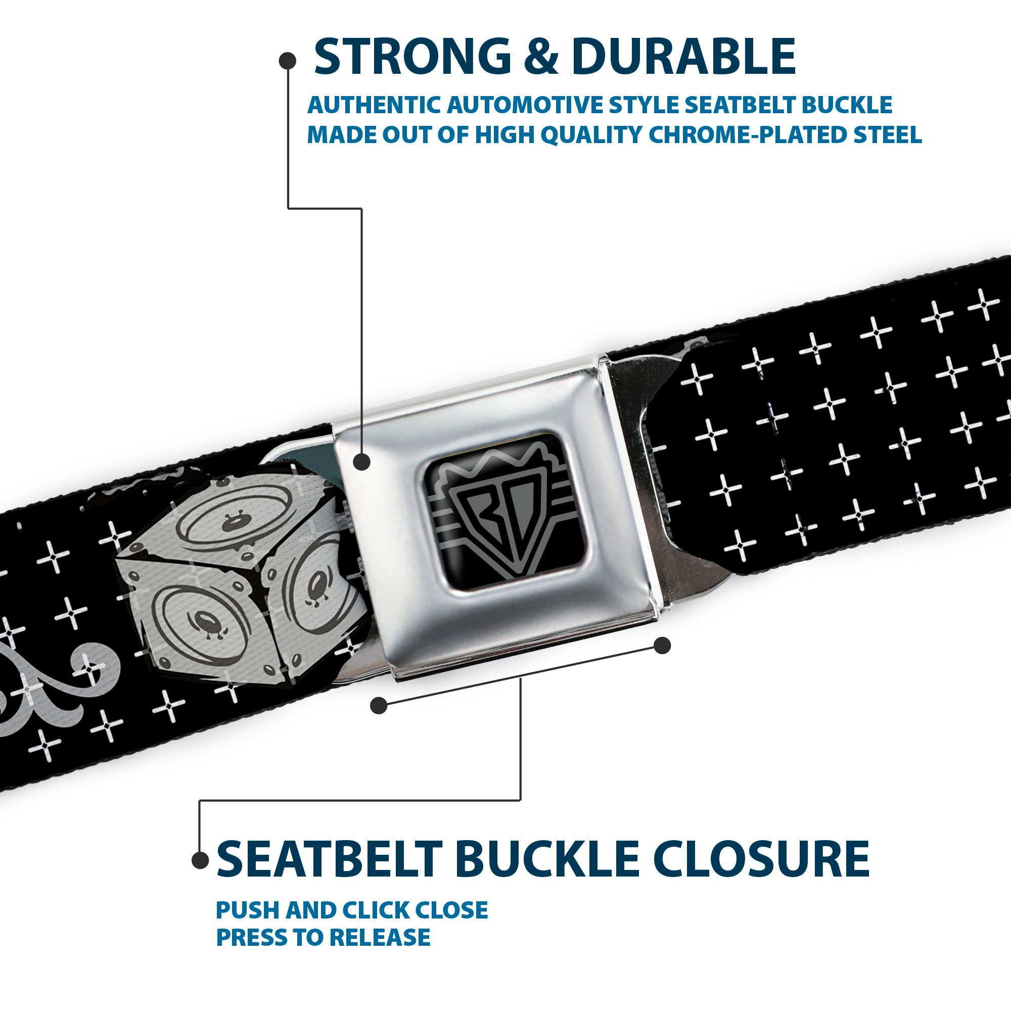 BD Wings Logo CLOSE-UP Full Color Black Silver Seatbelt Belt - DJ Skulls Black/Gray Webbing Seatbelt Belts Buckle-Down