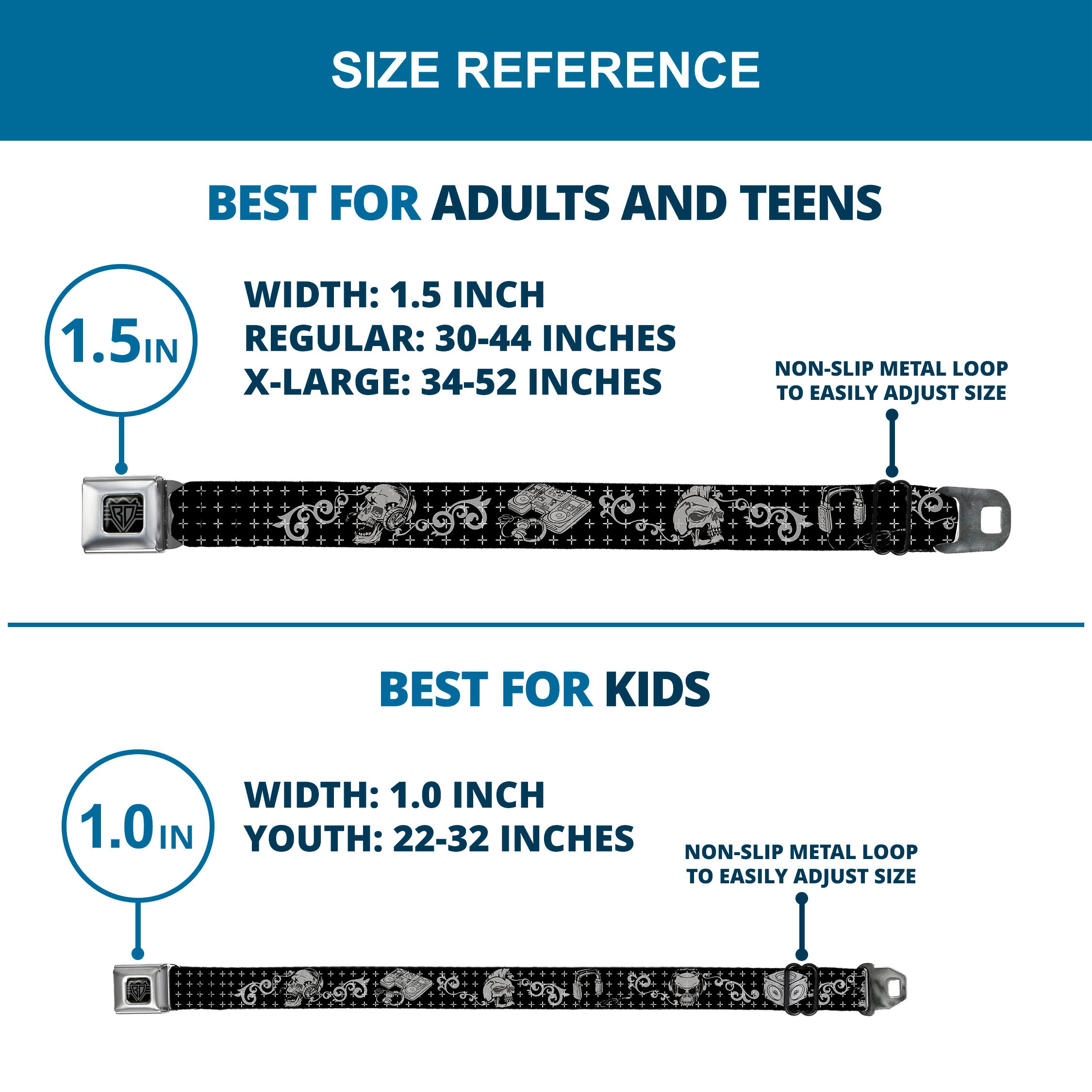 BD Wings Logo CLOSE-UP Full Color Black Silver Seatbelt Belt - DJ Skulls Black/Gray Webbing Seatbelt Belts Buckle-Down