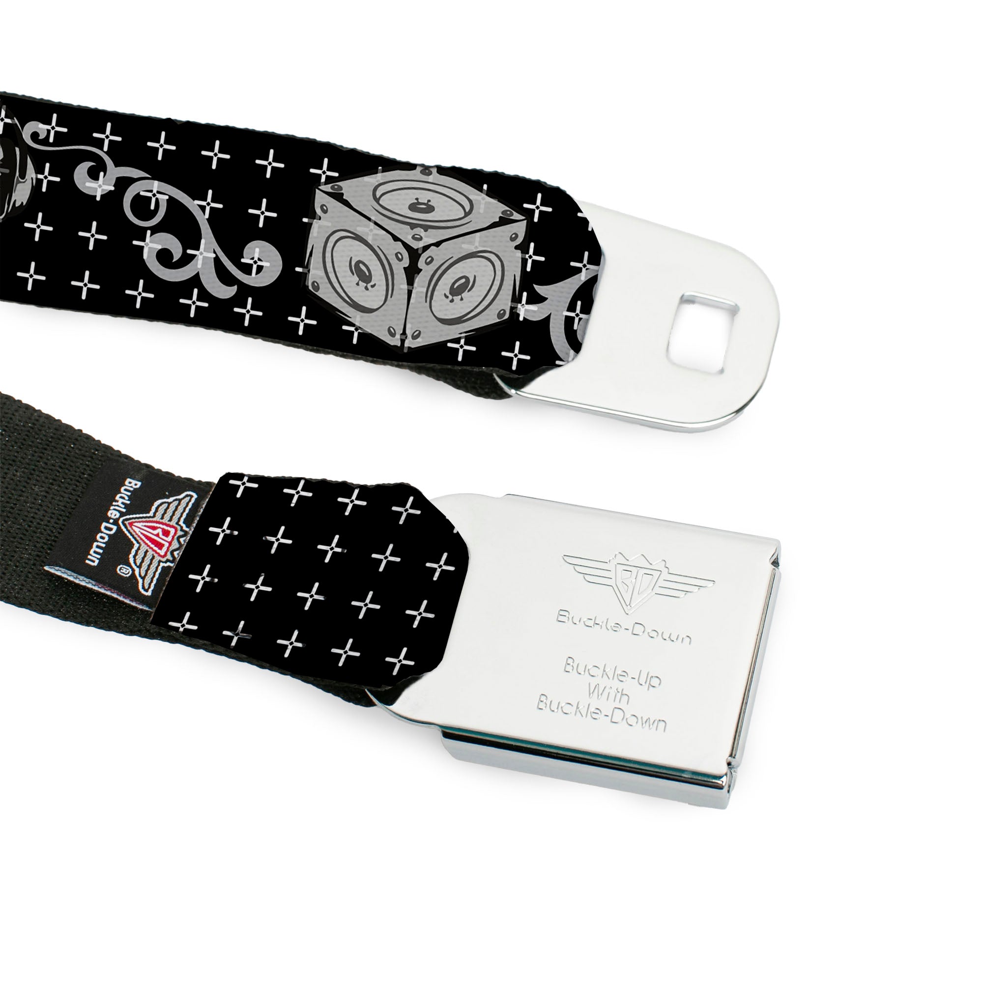 BD Wings Logo CLOSE-UP Full Color Black Silver Seatbelt Belt - DJ Skulls Black/Gray Webbing Seatbelt Belts Buckle-Down