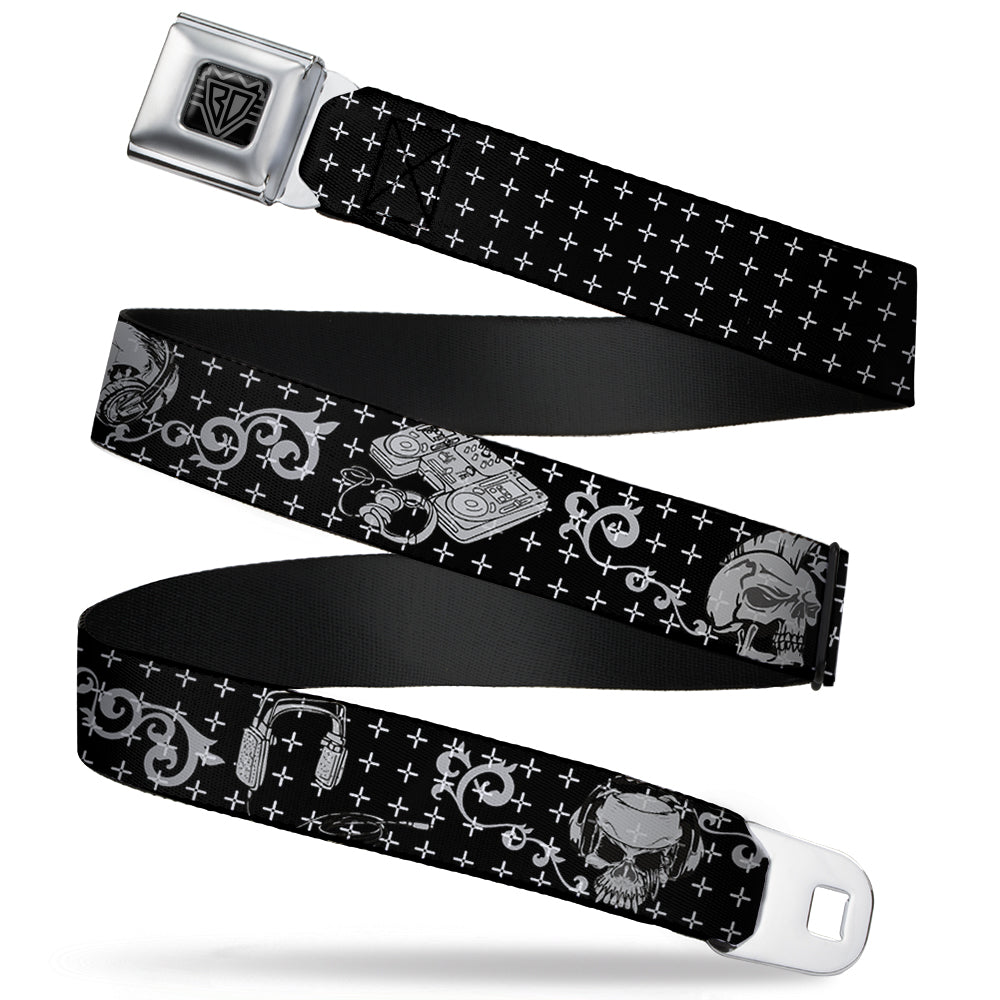 BD Wings Logo CLOSE-UP Full Color Black Silver Seatbelt Belt - DJ Skulls Black/Gray Webbing Seatbelt Belts Buckle-Down