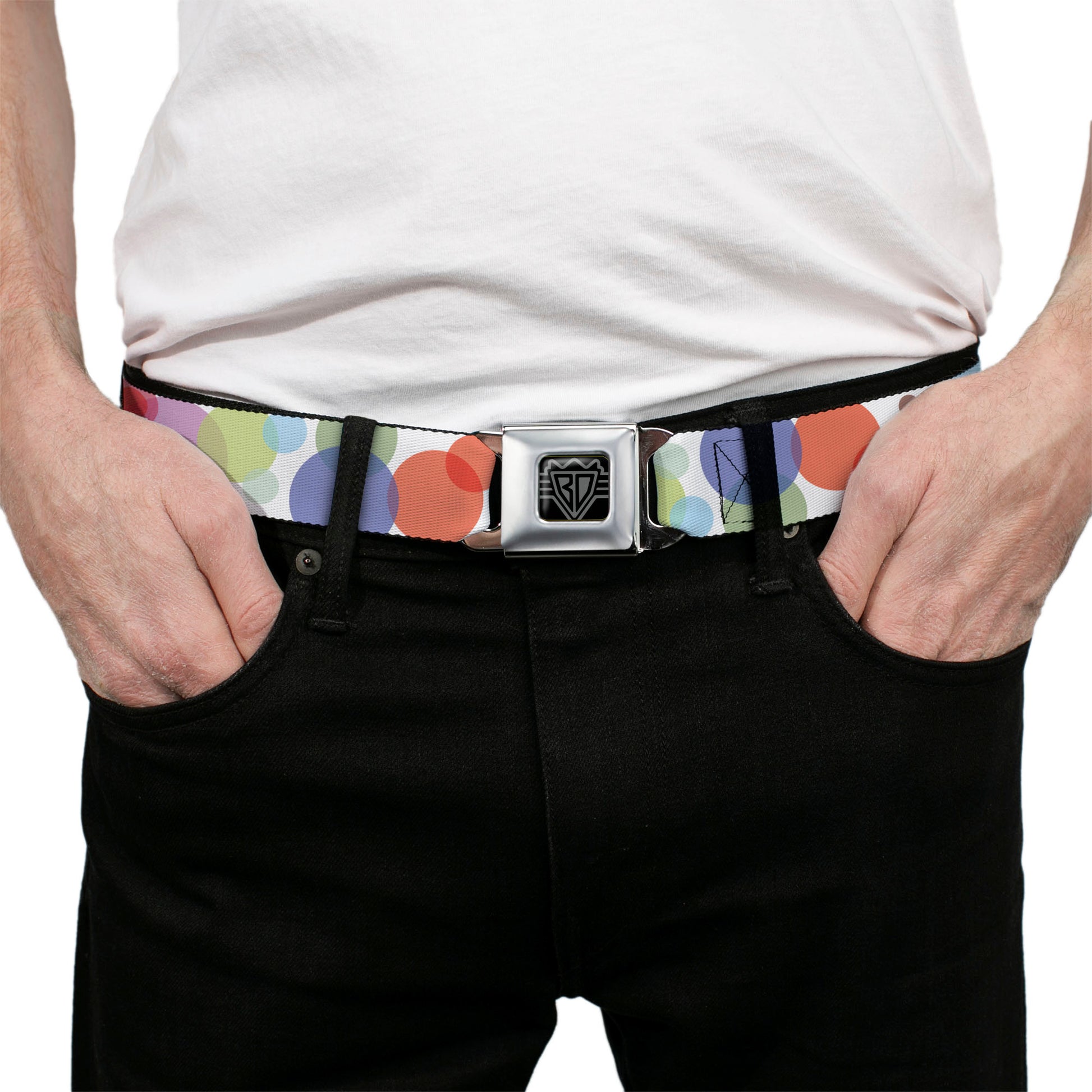 BD Wings Logo CLOSE-UP Full Color Black Silver Seatbelt Belt - Dots White/Transparent Multi Color Webbing Seatbelt Belts Buckle-Down