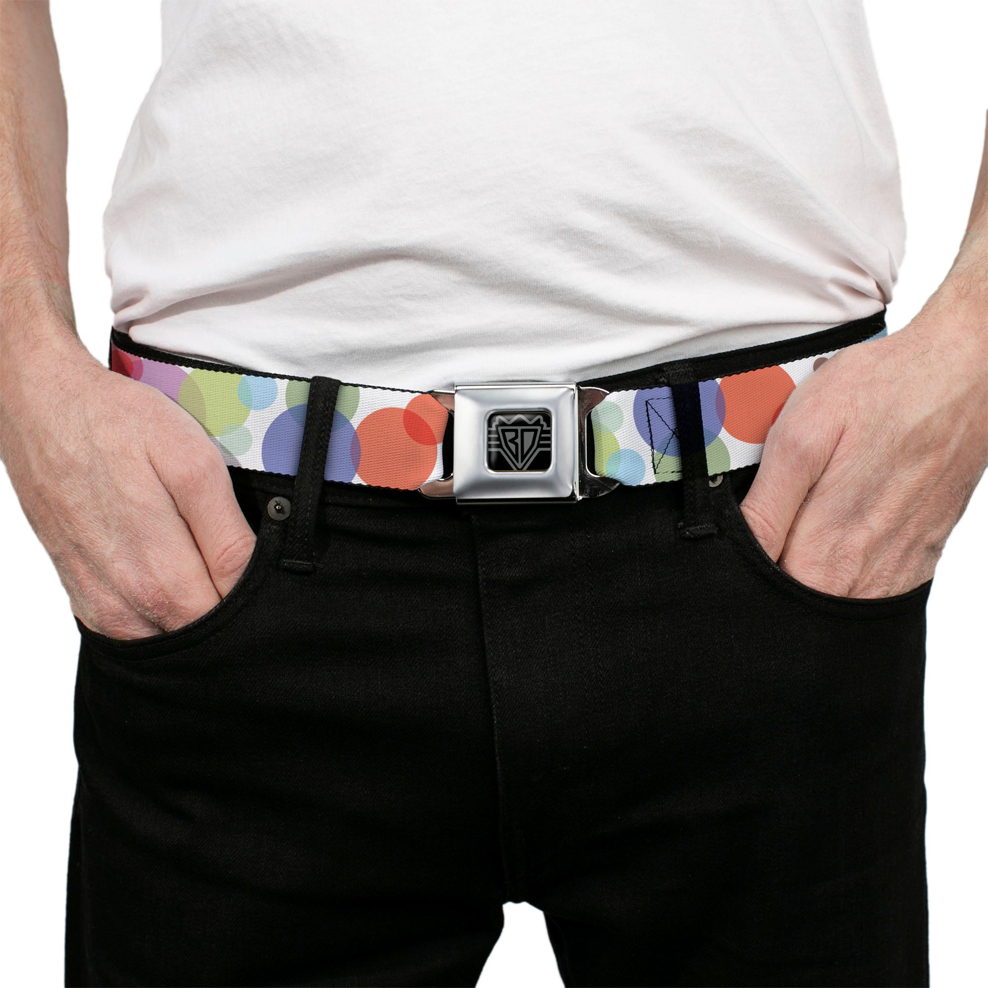 BD Wings Logo CLOSE-UP Full Color Black Silver Seatbelt Belt - Dots White/Transparent Multi Color Webbing Seatbelt Belts Buckle-Down