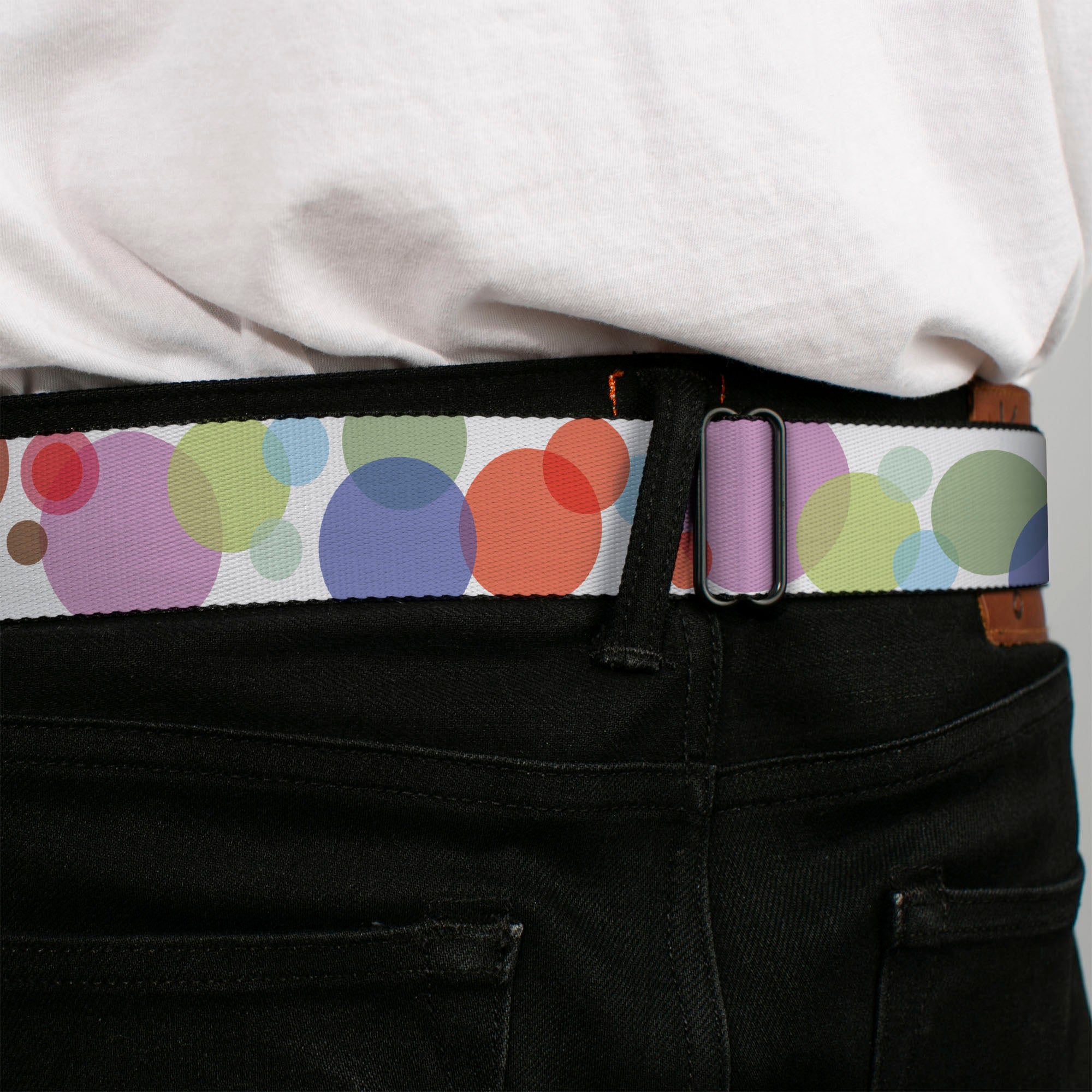 BD Wings Logo CLOSE-UP Full Color Black Silver Seatbelt Belt - Dots White/Transparent Multi Color Webbing Seatbelt Belts Buckle-Down