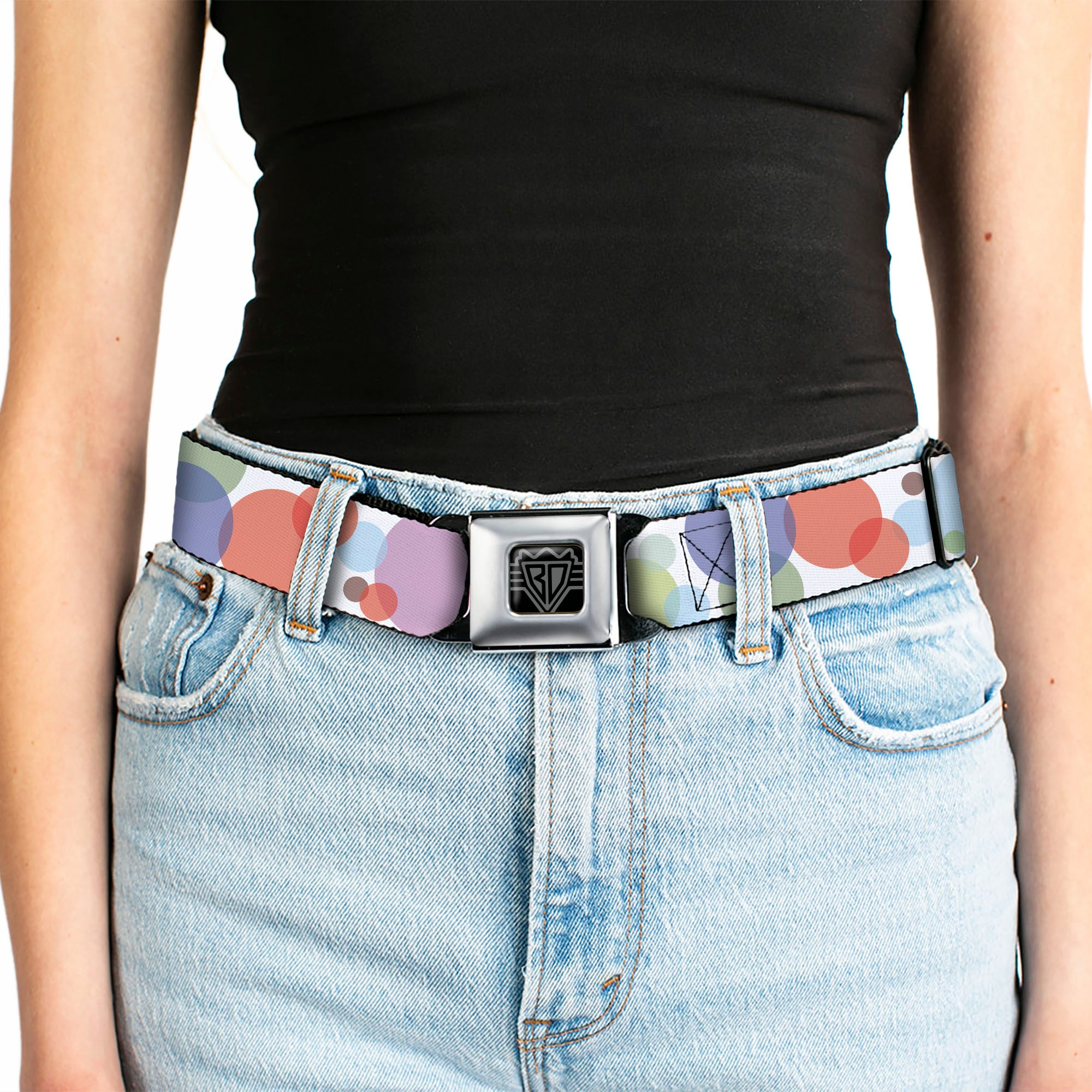 BD Wings Logo CLOSE-UP Full Color Black Silver Seatbelt Belt - Dots White/Transparent Multi Color Webbing Seatbelt Belts Buckle-Down