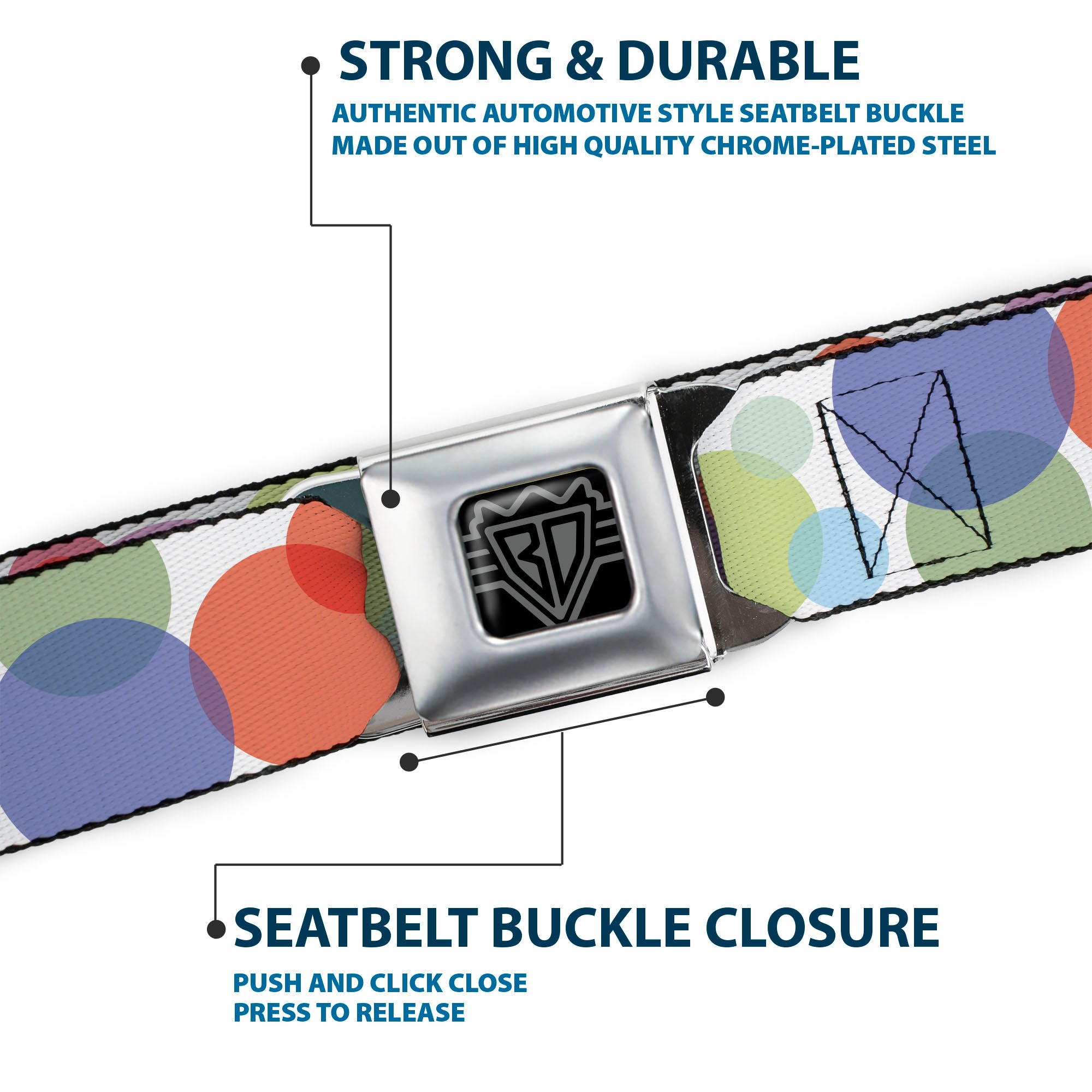 BD Wings Logo CLOSE-UP Full Color Black Silver Seatbelt Belt - Dots White/Transparent Multi Color Webbing Seatbelt Belts Buckle-Down