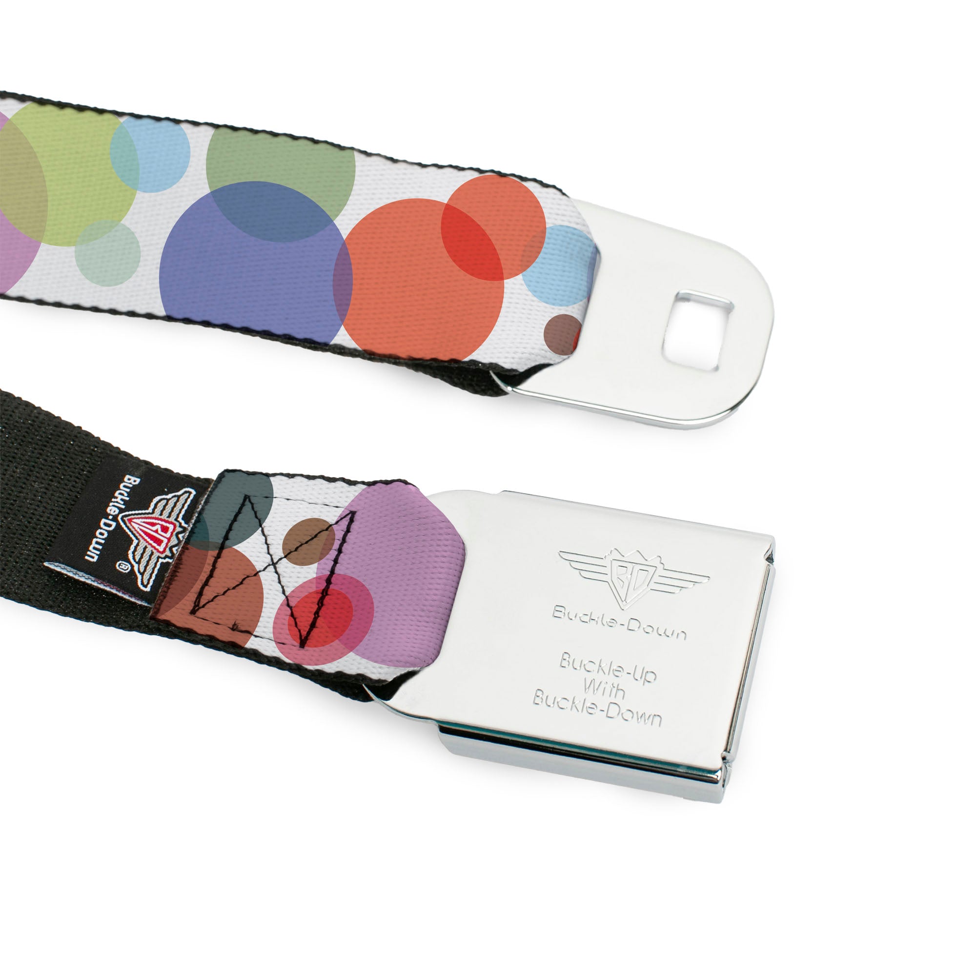 BD Wings Logo CLOSE-UP Full Color Black Silver Seatbelt Belt - Dots White/Transparent Multi Color Webbing Seatbelt Belts Buckle-Down