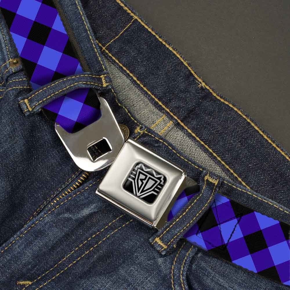 BD Wings Logo CLOSE-UP Full Color Black Silver Seatbelt Belt - Diagonal Buffalo Plaid Black/Blue Webbing Seatbelt Belts Buckle-Down