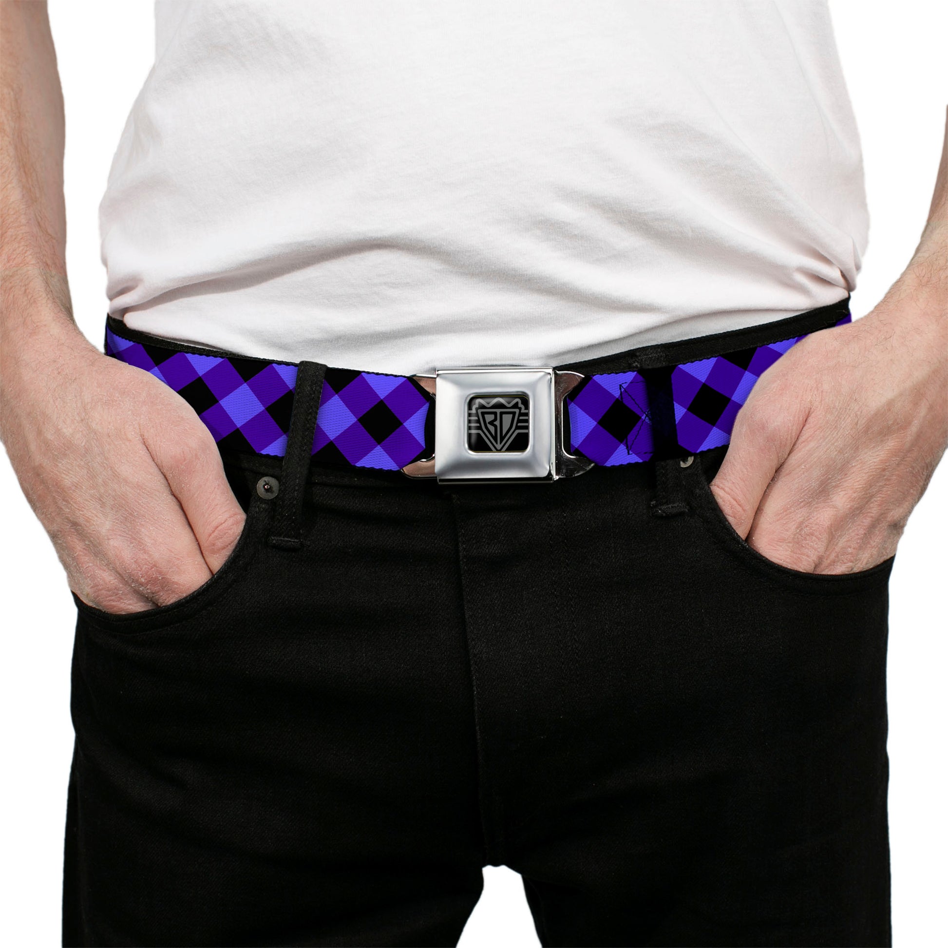 BD Wings Logo CLOSE-UP Full Color Black Silver Seatbelt Belt - Diagonal Buffalo Plaid Black/Blue Webbing Seatbelt Belts Buckle-Down