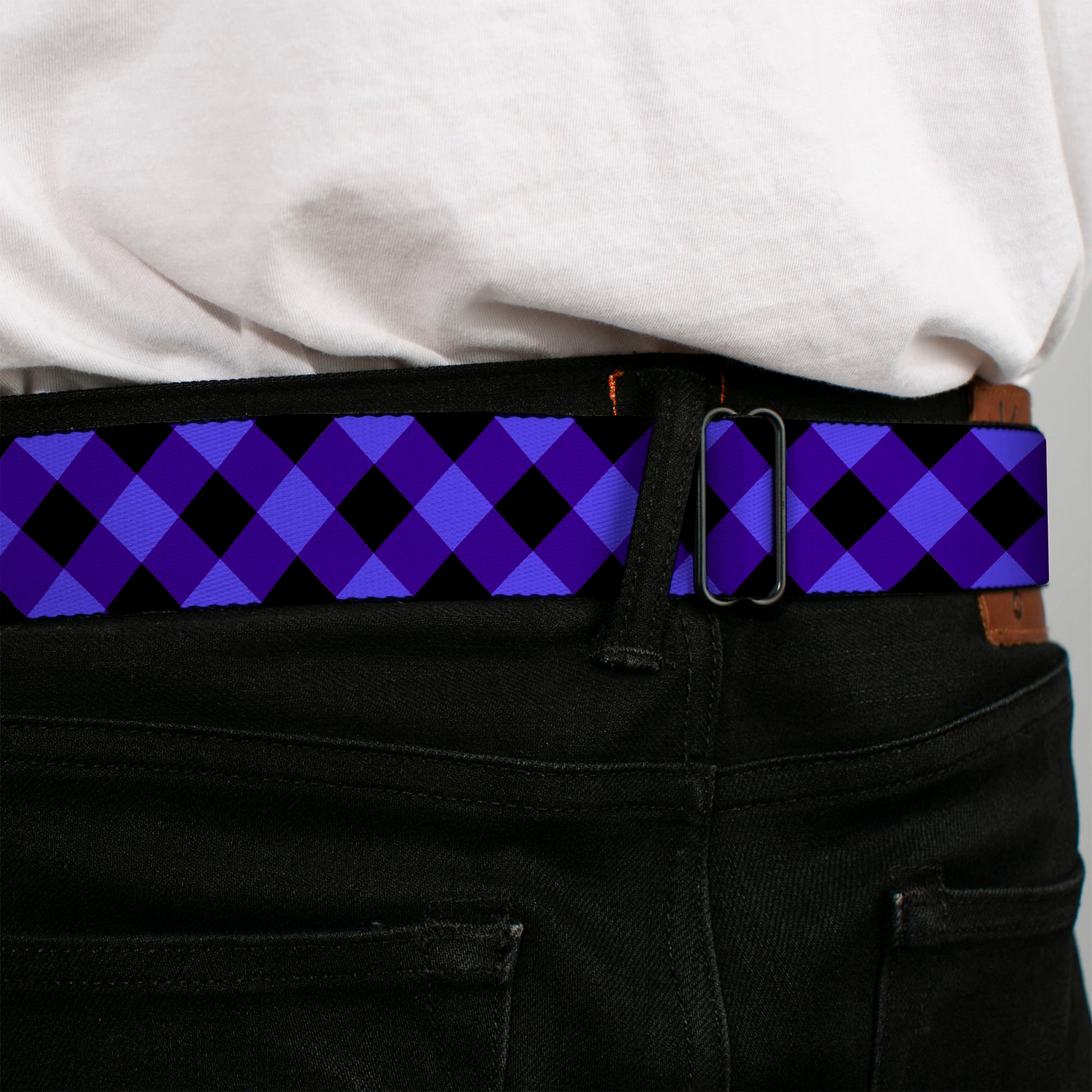 BD Wings Logo CLOSE-UP Full Color Black Silver Seatbelt Belt - Diagonal Buffalo Plaid Black/Blue Webbing Seatbelt Belts Buckle-Down