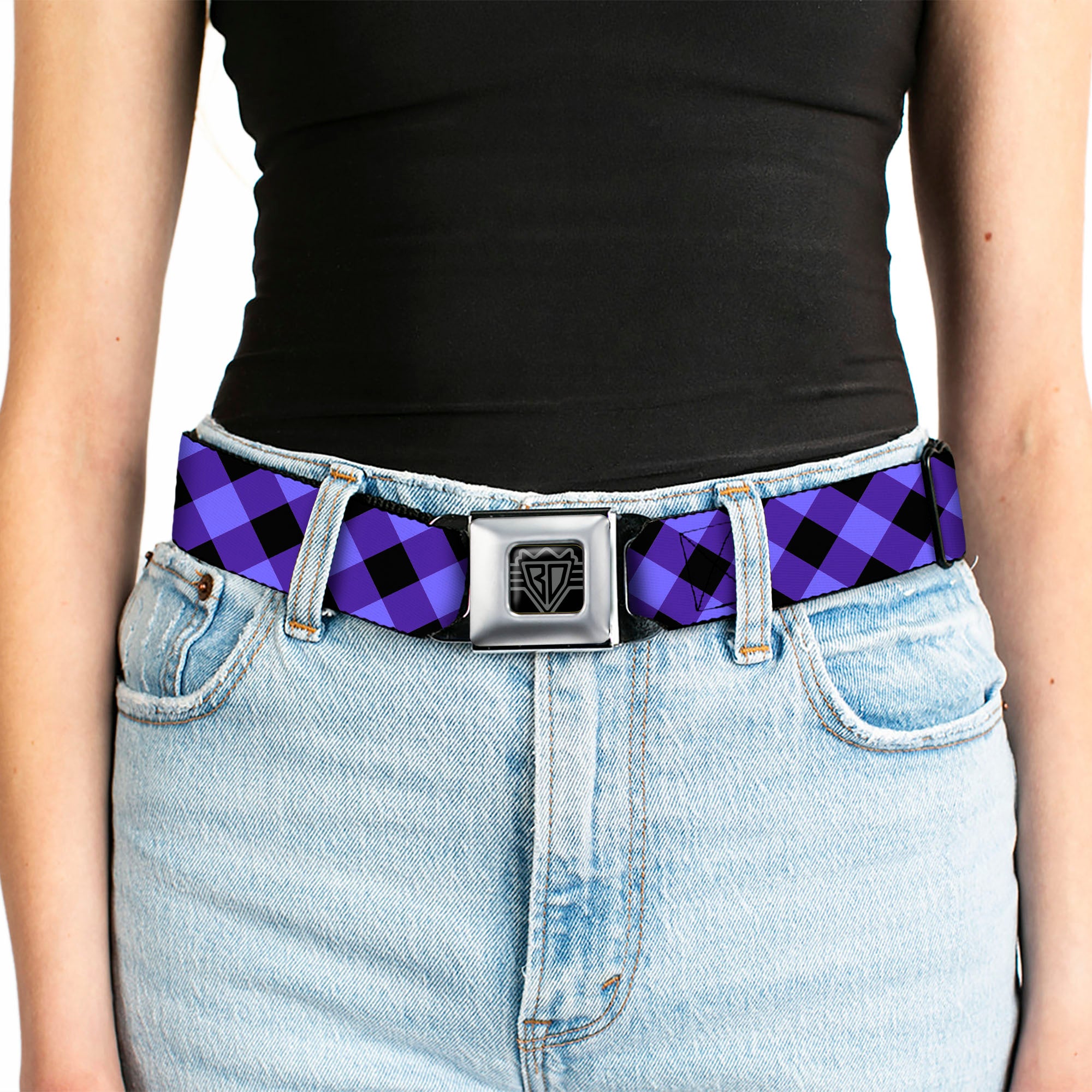 BD Wings Logo CLOSE-UP Full Color Black Silver Seatbelt Belt - Diagonal Buffalo Plaid Black/Blue Webbing Seatbelt Belts Buckle-Down
