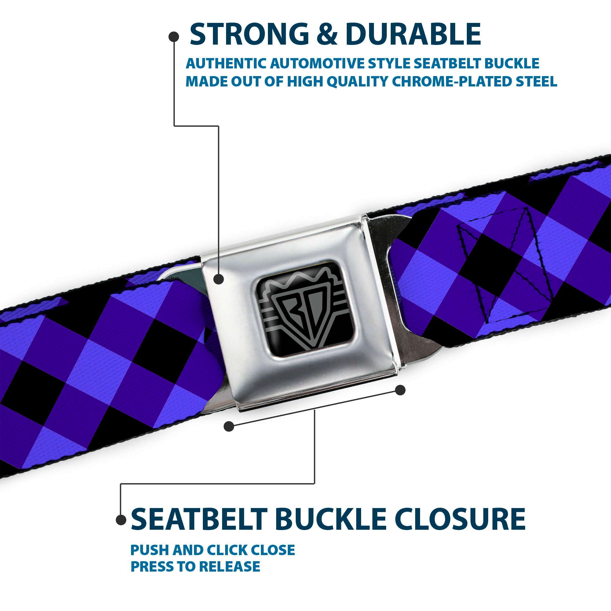 BD Wings Logo CLOSE-UP Full Color Black Silver Seatbelt Belt - Diagonal Buffalo Plaid Black/Blue Webbing Seatbelt Belts Buckle-Down