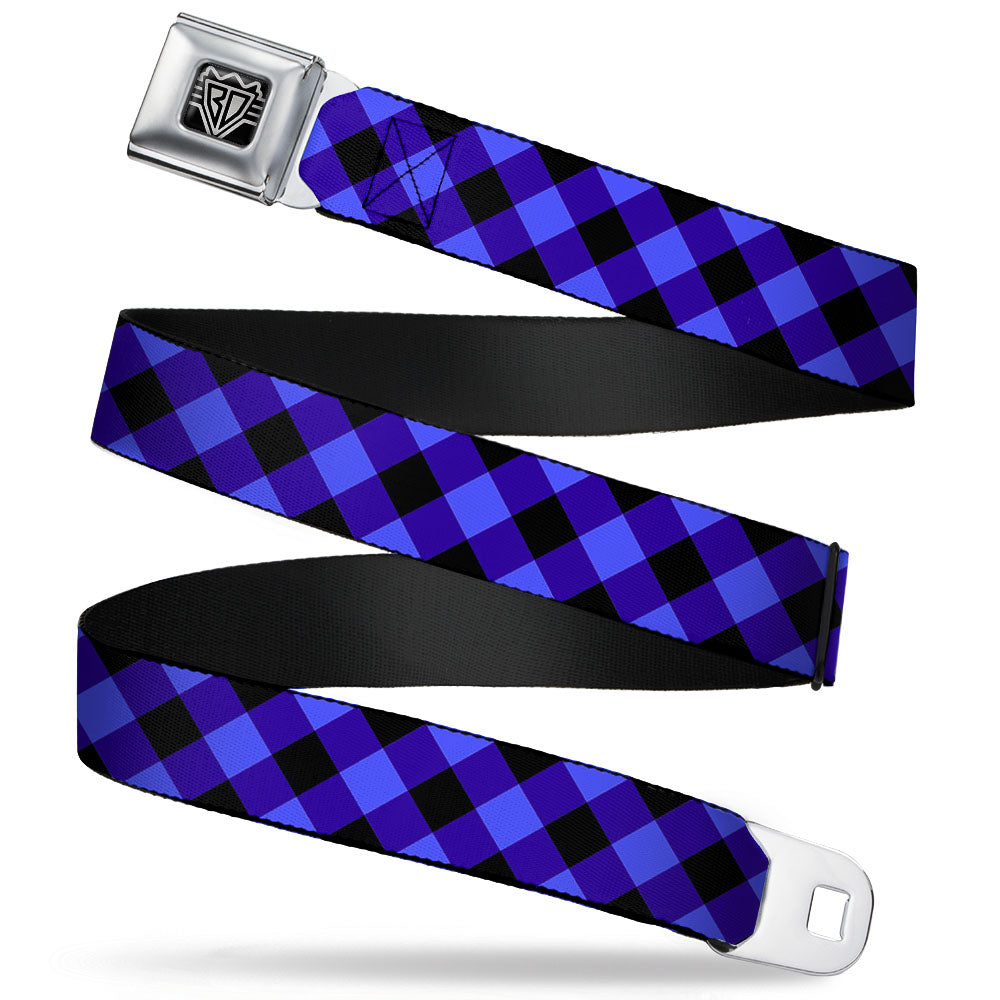 BD Wings Logo CLOSE-UP Full Color Black Silver Seatbelt Belt - Diagonal Buffalo Plaid Black/Blue Webbing Seatbelt Belts Buckle-Down