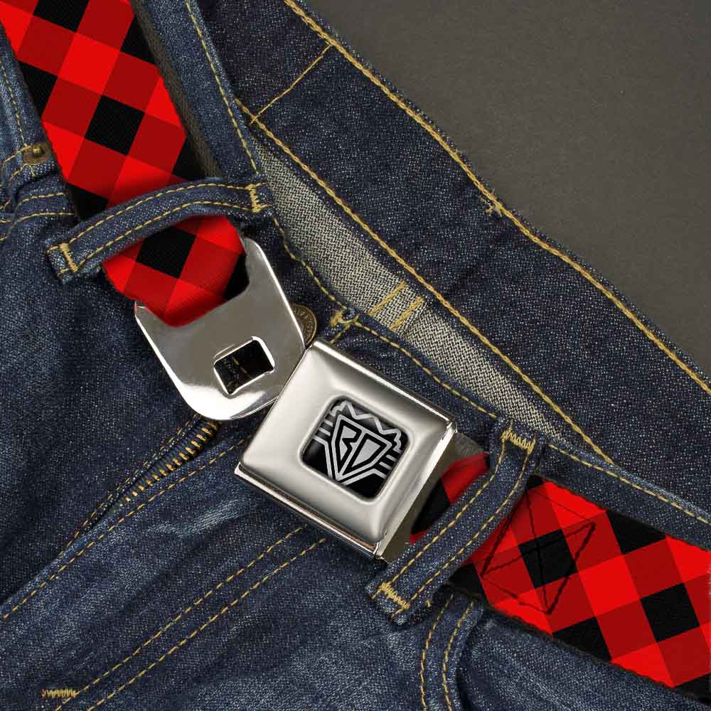BD Wings Logo CLOSE-UP Full Color Black Silver Seatbelt Belt - Diagonal Buffalo Plaid Black/Red Webbing Seatbelt Belts Buckle-Down