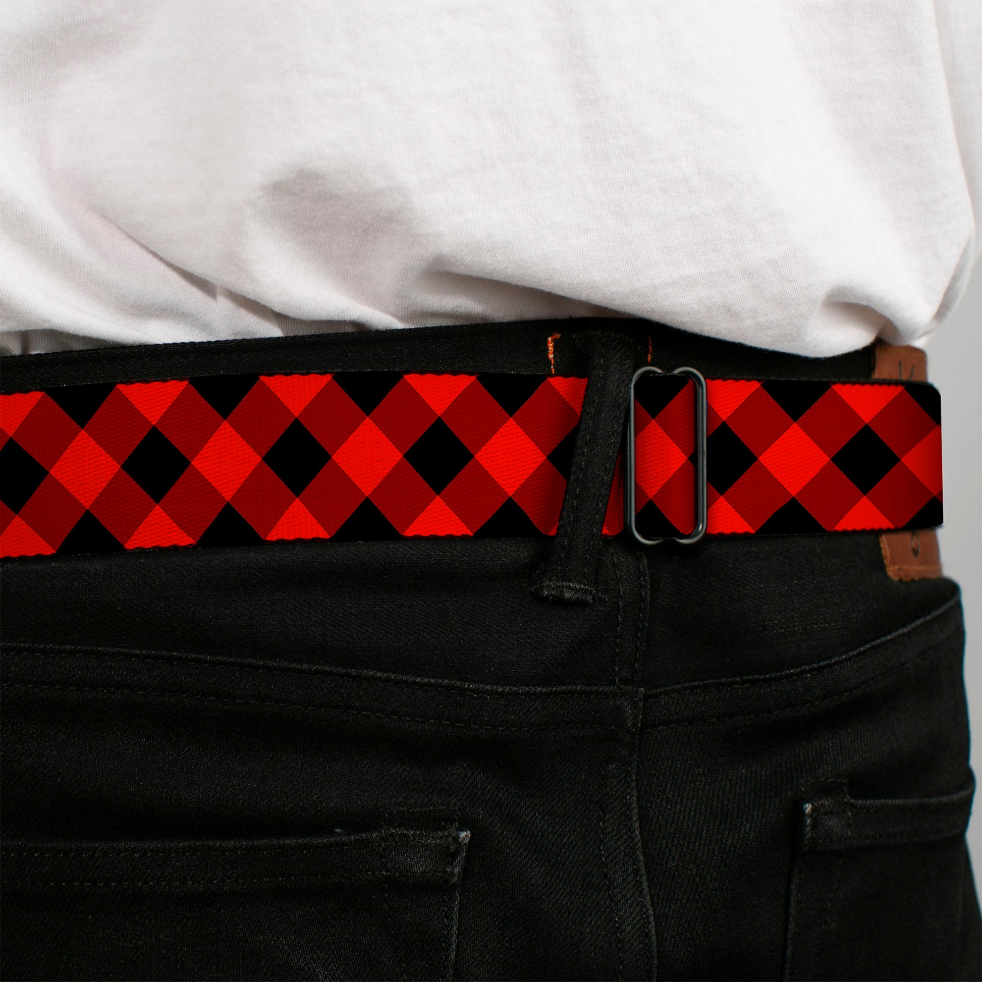 BD Wings Logo CLOSE-UP Full Color Black Silver Seatbelt Belt - Diagonal Buffalo Plaid Black/Red Webbing Seatbelt Belts Buckle-Down