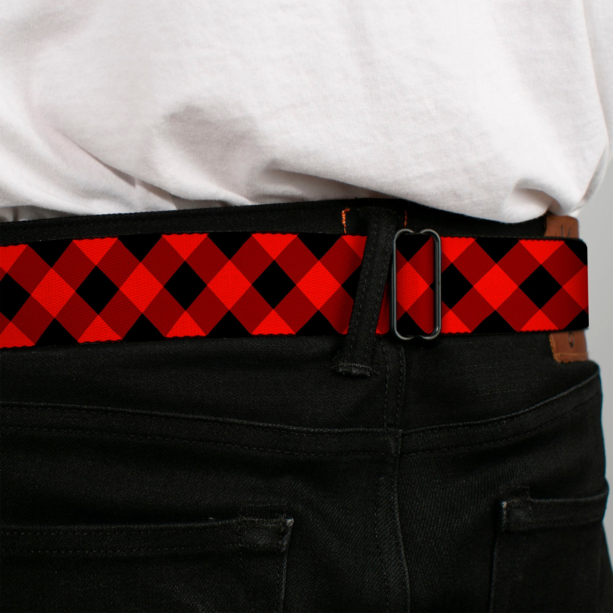 BD Wings Logo CLOSE-UP Full Color Black Silver Seatbelt Belt - Diagonal Buffalo Plaid Black/Red Webbing Seatbelt Belts Buckle-Down