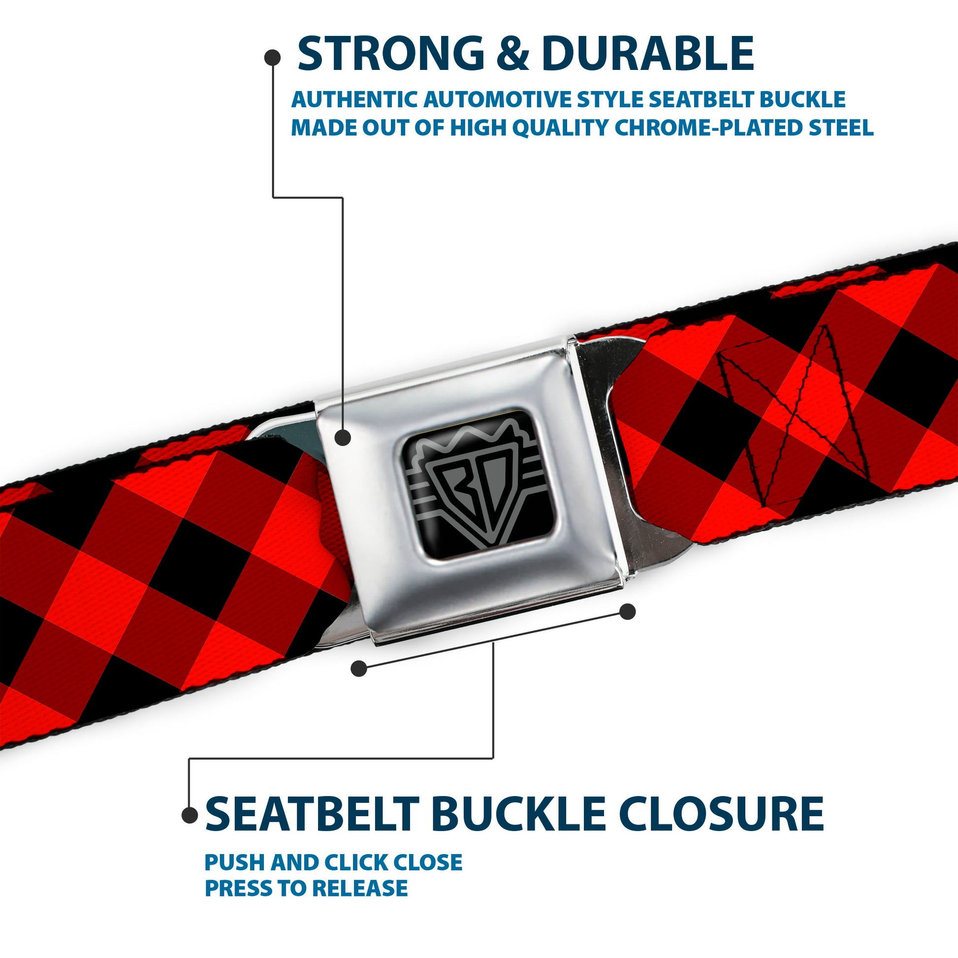 BD Wings Logo CLOSE-UP Full Color Black Silver Seatbelt Belt - Diagonal Buffalo Plaid Black/Red Webbing Seatbelt Belts Buckle-Down