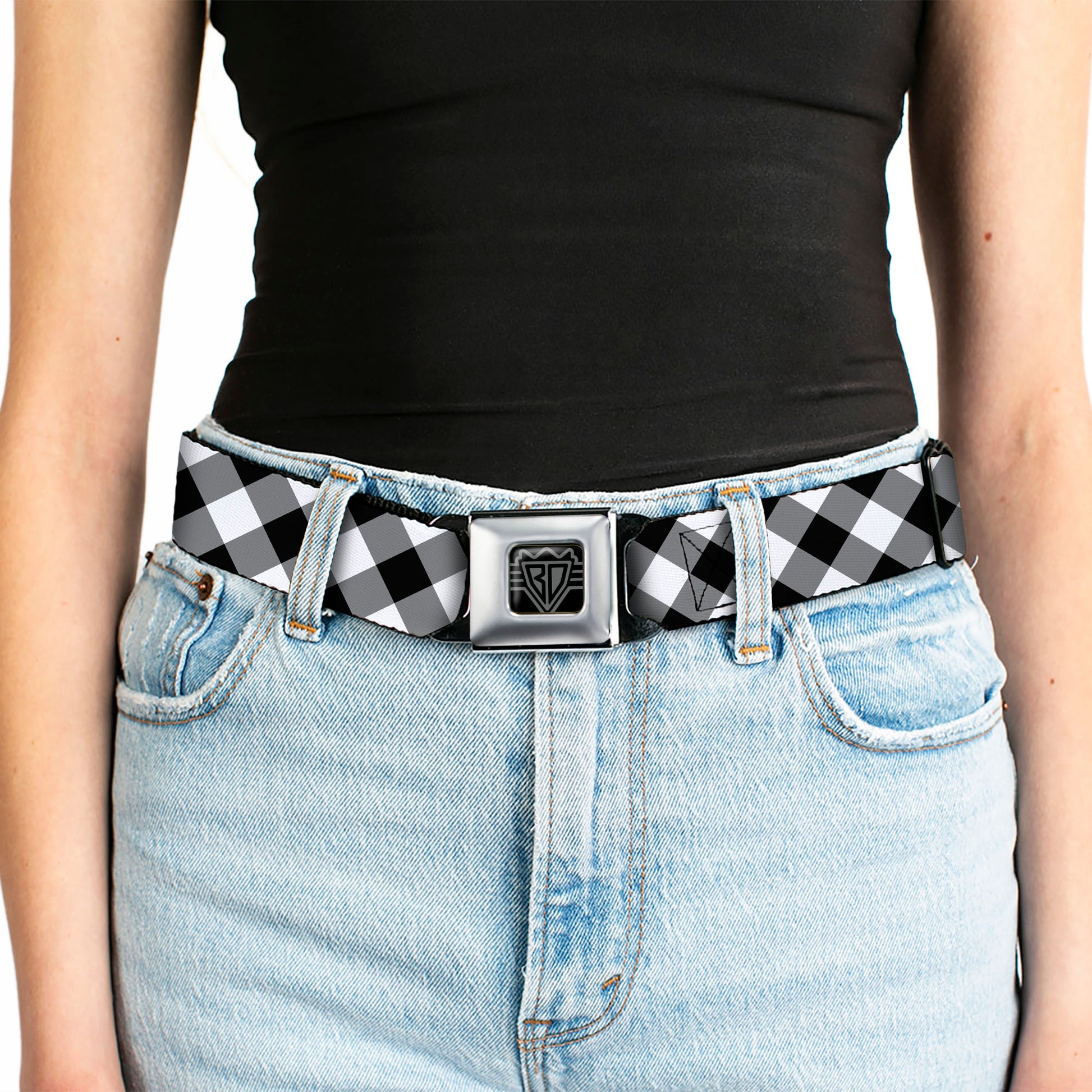 BD Wings Logo CLOSE-UP Full Color Black Silver Seatbelt Belt - Diagonal Buffalo Plaid Black/White Webbing Seatbelt Belts Buckle-Down