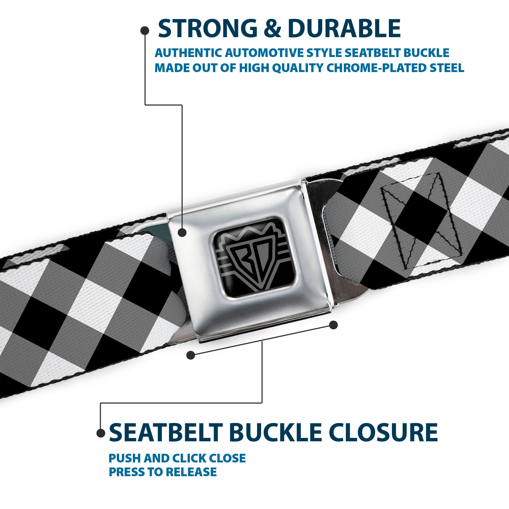 BD Wings Logo CLOSE-UP Full Color Black Silver Seatbelt Belt - Diagonal Buffalo Plaid Black/White Webbing Seatbelt Belts Buckle-Down