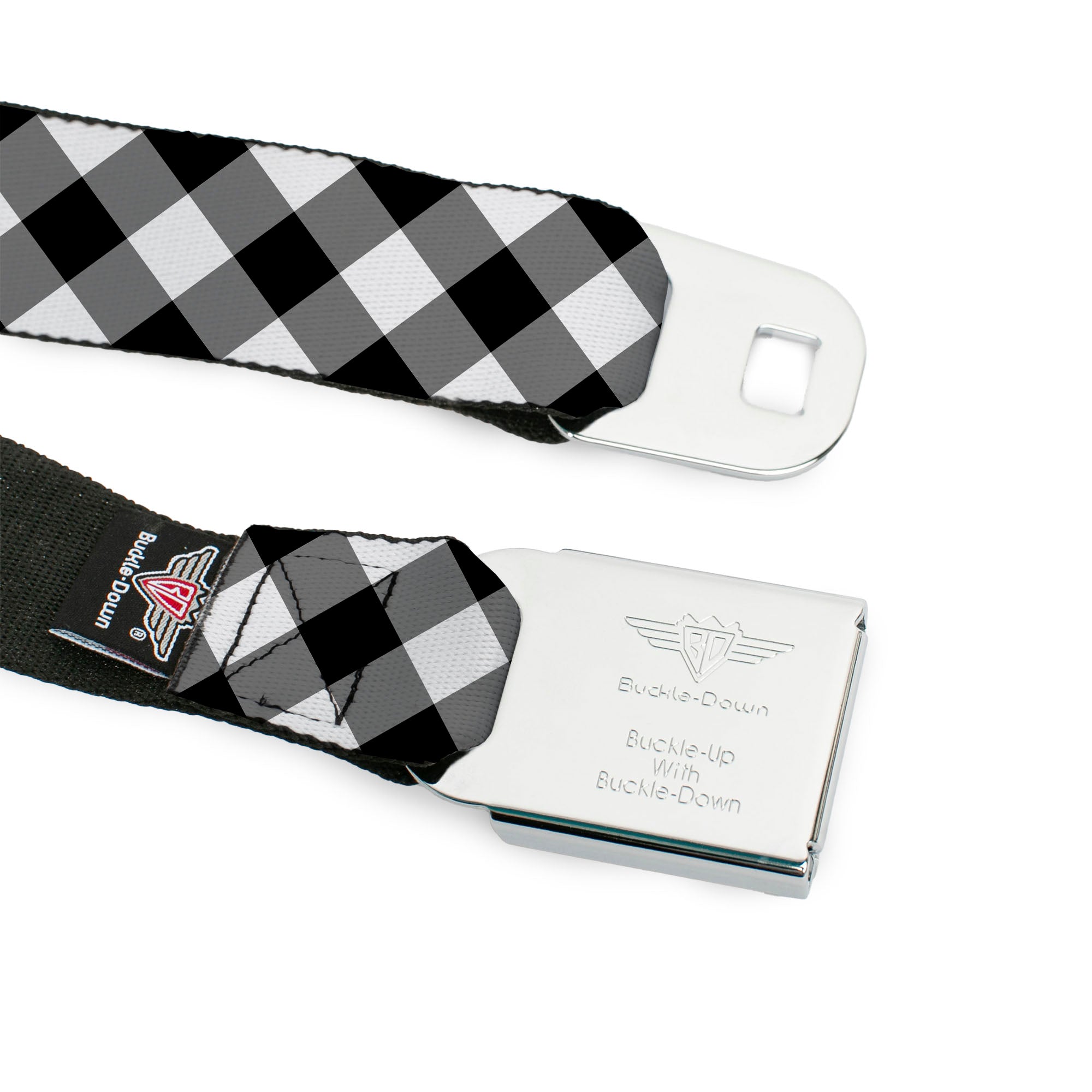 BD Wings Logo CLOSE-UP Full Color Black Silver Seatbelt Belt - Diagonal Buffalo Plaid Black/White Webbing Seatbelt Belts Buckle-Down