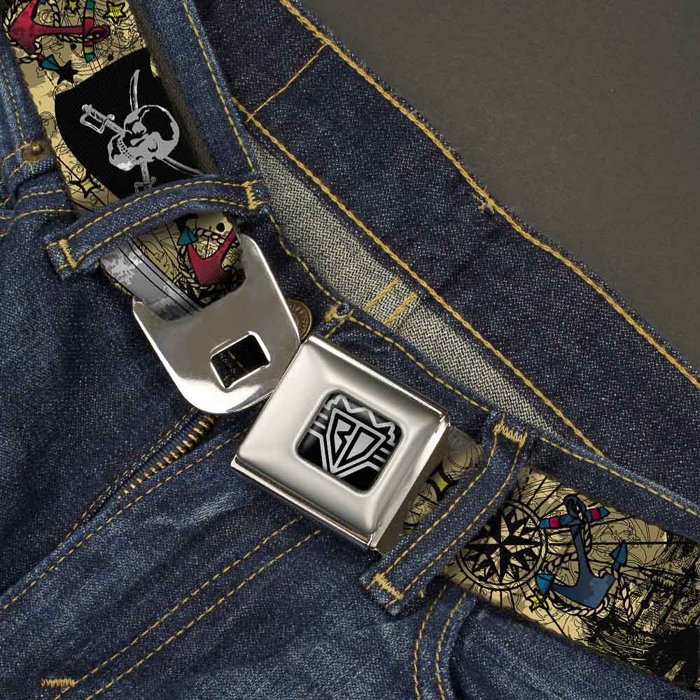 BD Wings Logo CLOSE-UP Full Color Black Silver Seatbelt Belt - Dead Men Tell No Tales CLOSE-UP Tan Webbing Seatbelt Belts Buckle-Down