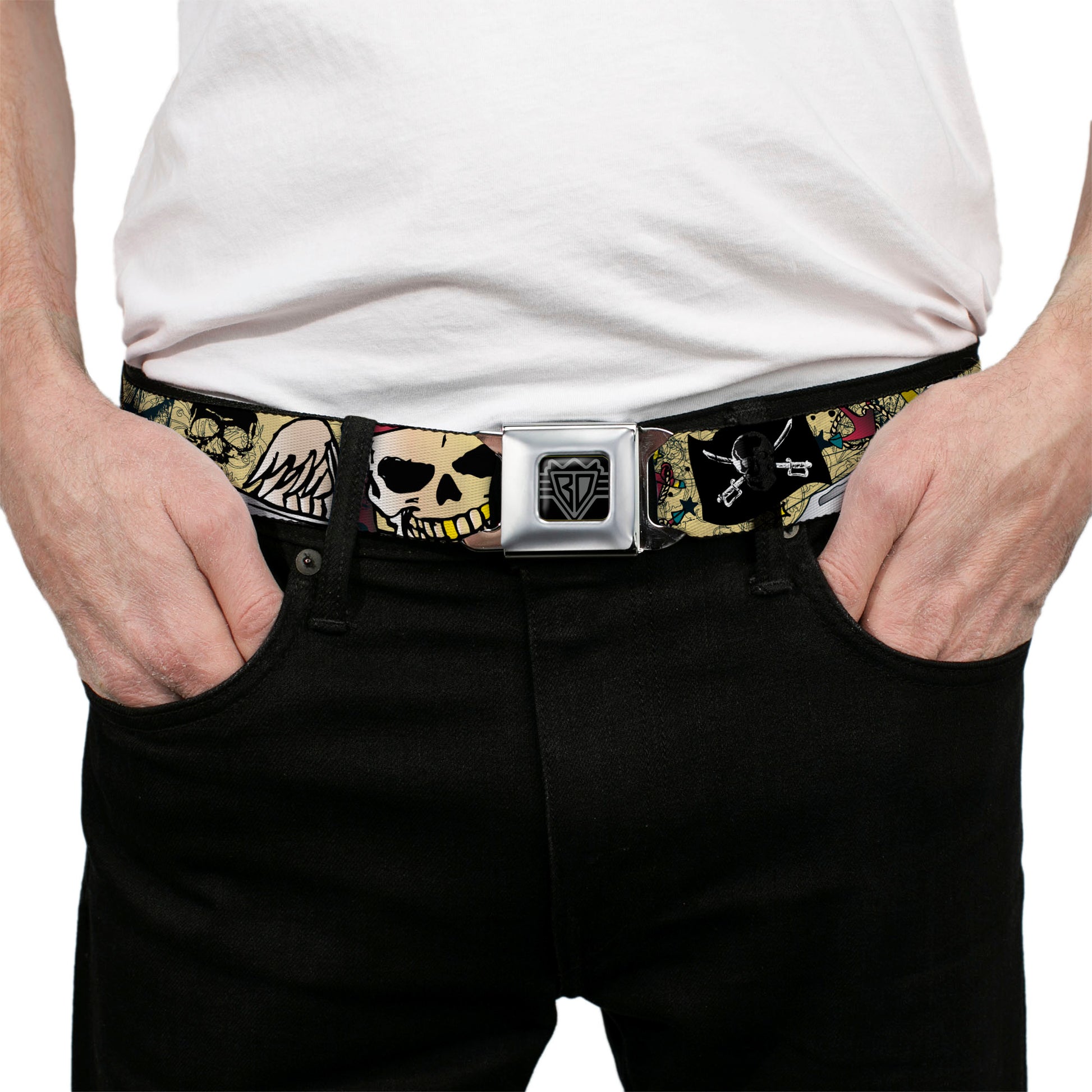 BD Wings Logo CLOSE-UP Full Color Black Silver Seatbelt Belt - Dead Men Tell No Tales CLOSE-UP Tan Webbing Seatbelt Belts Buckle-Down