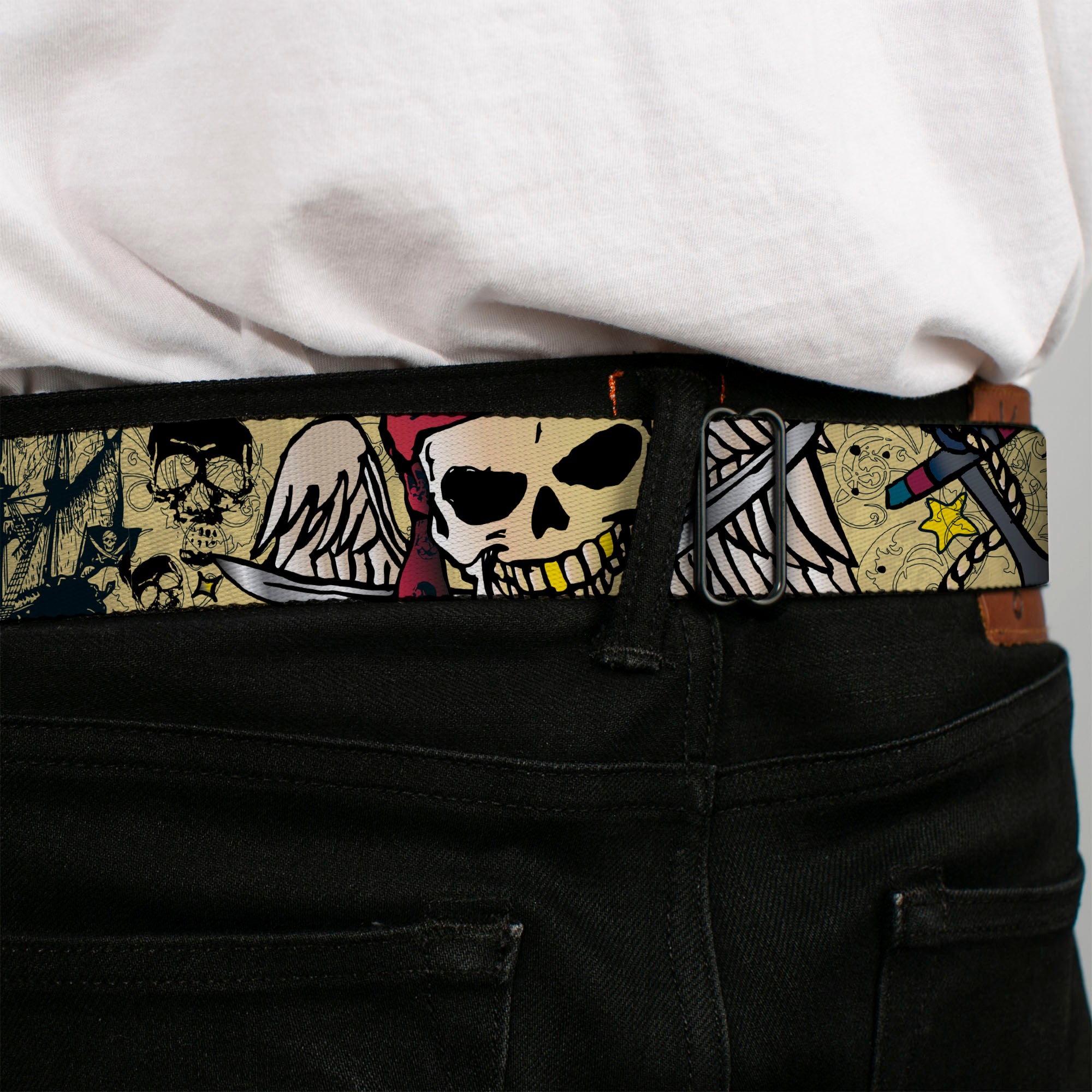 BD Wings Logo CLOSE-UP Full Color Black Silver Seatbelt Belt - Dead Men Tell No Tales CLOSE-UP Tan Webbing Seatbelt Belts Buckle-Down