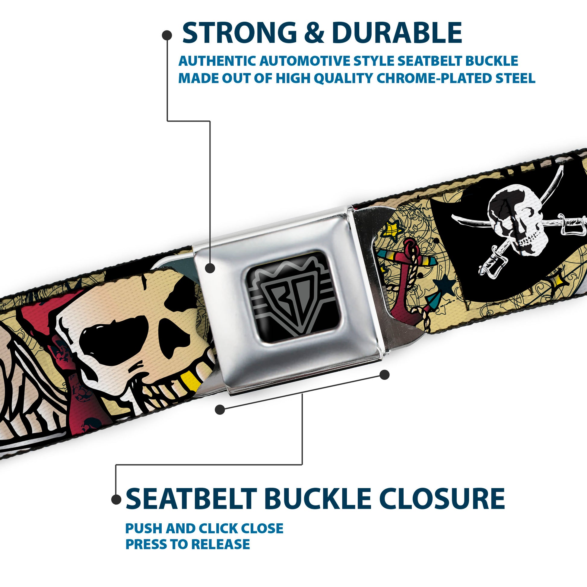 BD Wings Logo CLOSE-UP Full Color Black Silver Seatbelt Belt - Dead Men Tell No Tales CLOSE-UP Tan Webbing Seatbelt Belts Buckle-Down