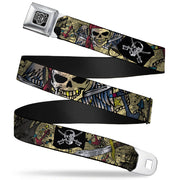 BD Wings Logo CLOSE-UP Full Color Black Silver Seatbelt Belt - Dead Men Tell No Tales CLOSE-UP Tan Webbing Seatbelt Belts Buckle-Down