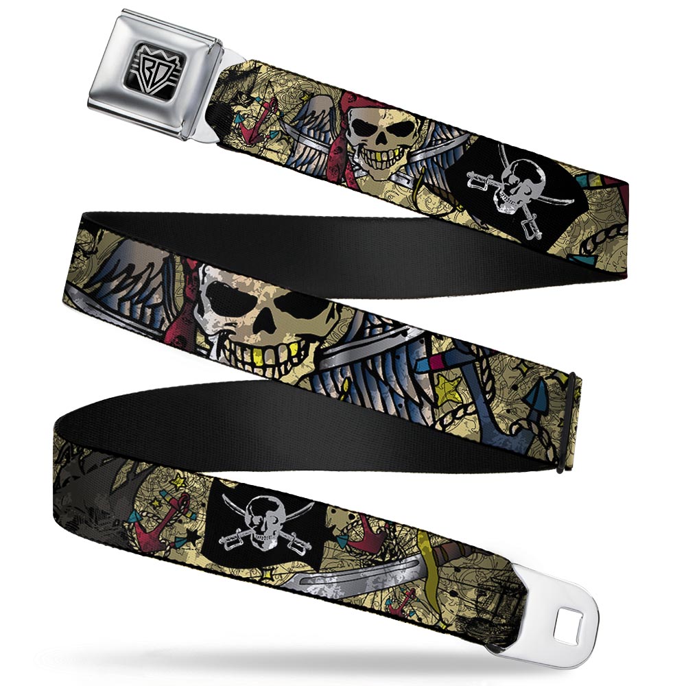 BD Wings Logo CLOSE-UP Full Color Black Silver Seatbelt Belt - Dead Men Tell No Tales CLOSE-UP Tan Webbing Seatbelt Belts Buckle-Down