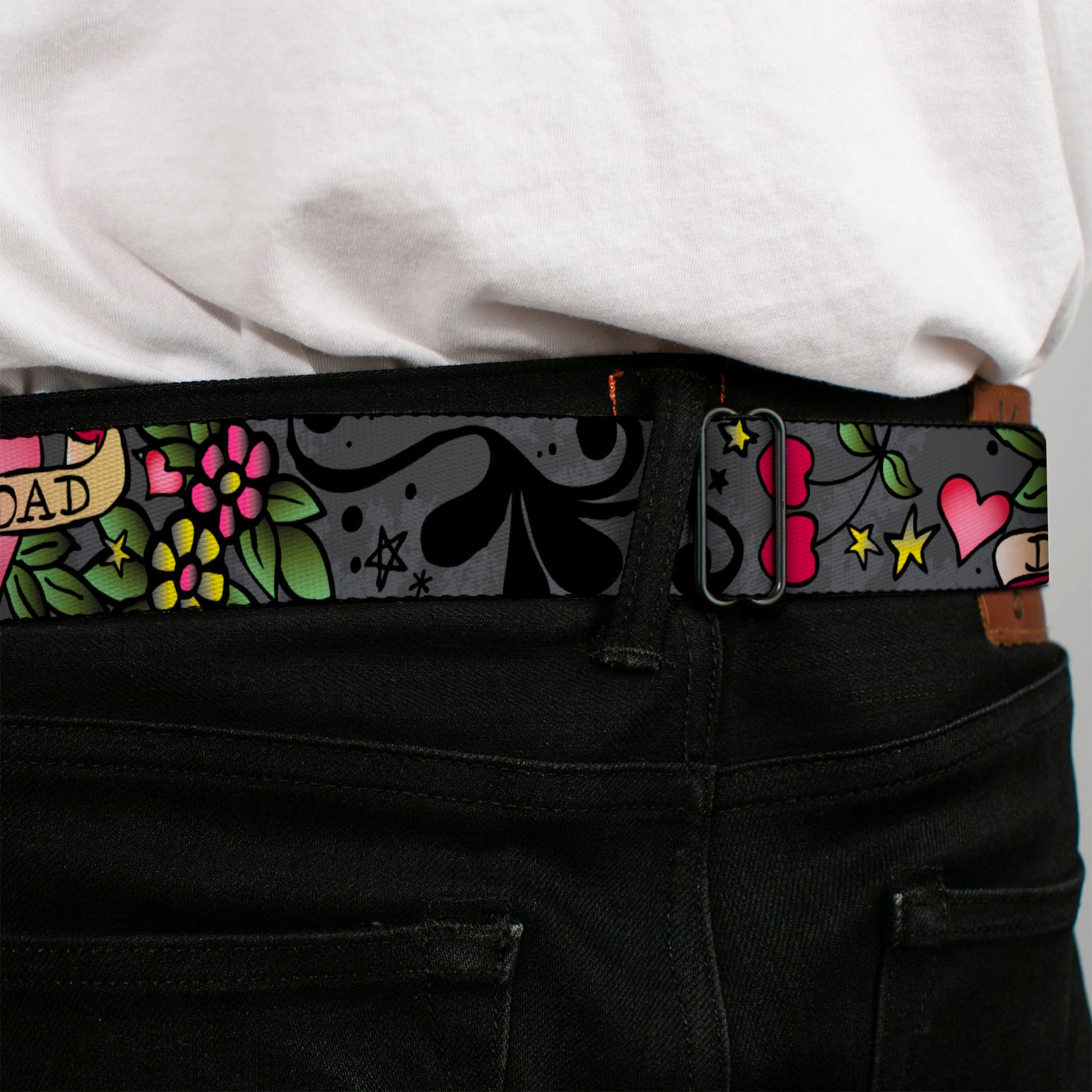 BD Wings Logo CLOSE-UP Full Color Black Silver Seatbelt Belt - Dad & Dad Gray Webbing Seatbelt Belts Buckle-Down