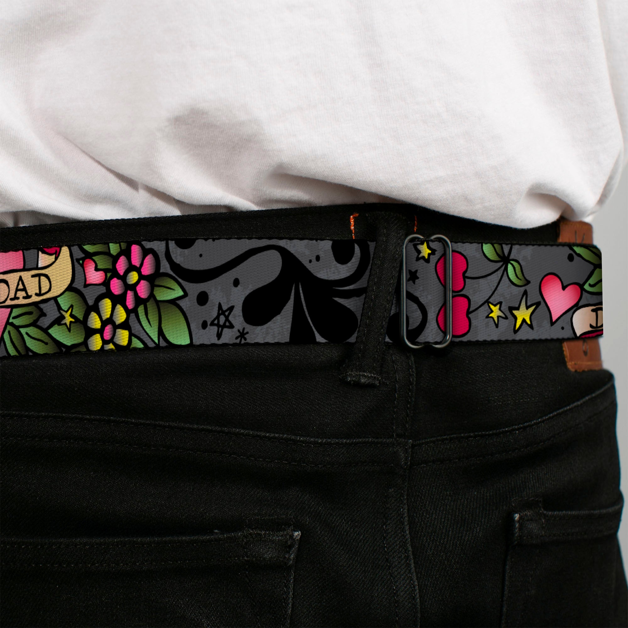 BD Wings Logo CLOSE-UP Full Color Black Silver Seatbelt Belt - Dad & Dad Gray Webbing Seatbelt Belts Buckle-Down