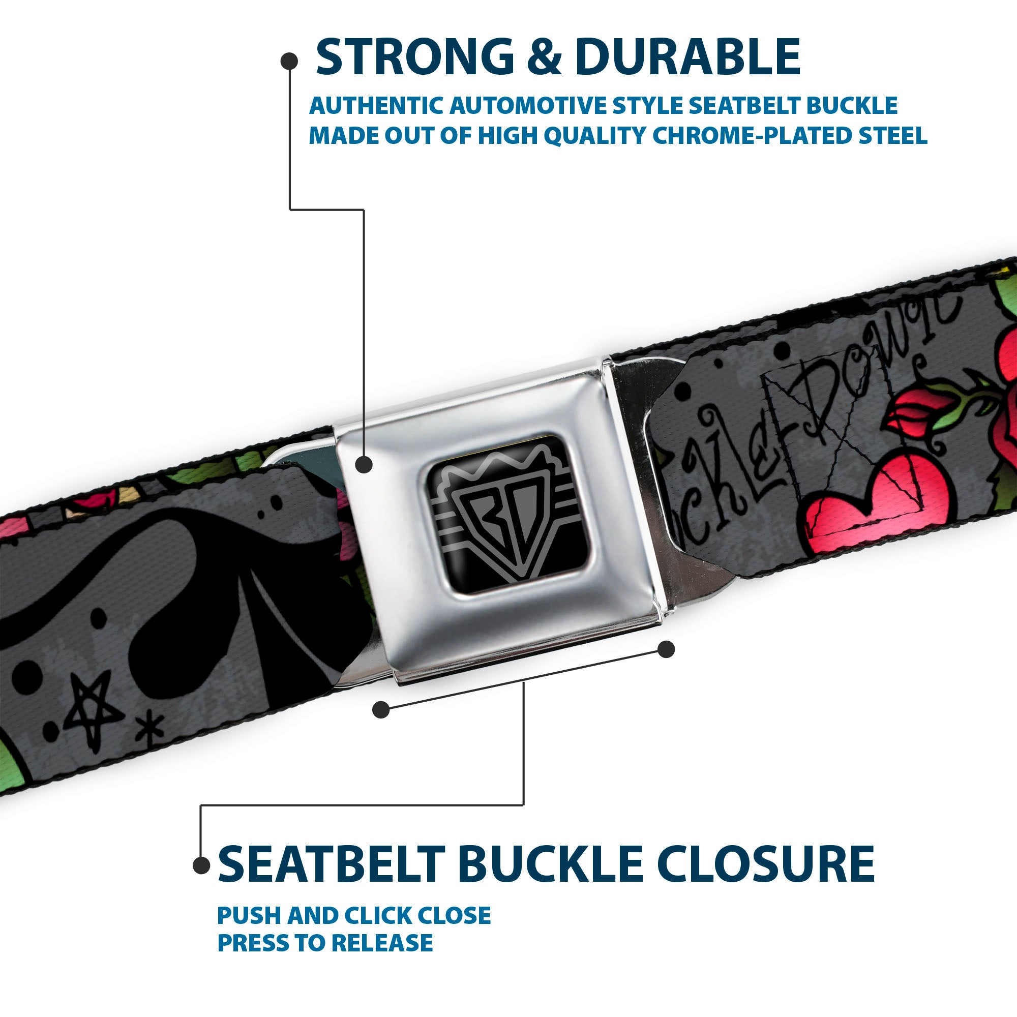 BD Wings Logo CLOSE-UP Full Color Black Silver Seatbelt Belt - Dad & Dad Gray Webbing Seatbelt Belts Buckle-Down