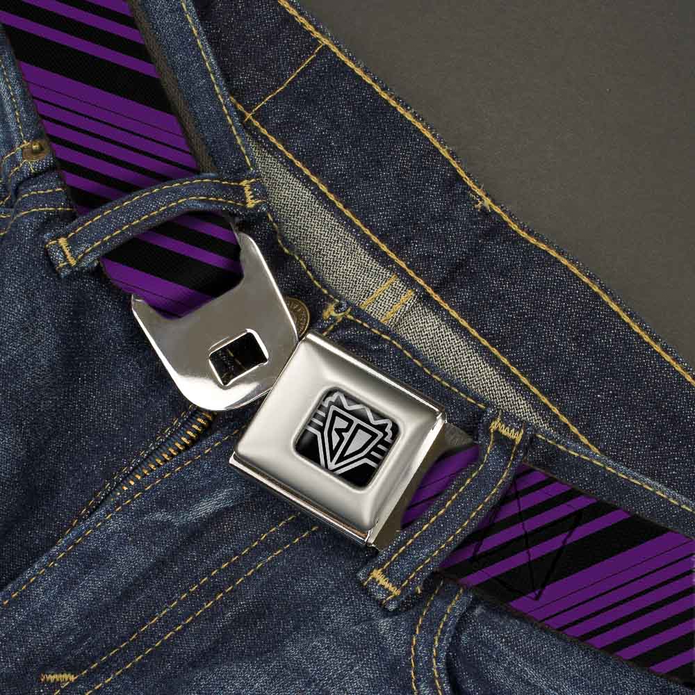 BD Wings Logo CLOSE-UP Full Color Black Silver Seatbelt Belt - Diagonal Stripes Black/Purple Webbing Seatbelt Belts Buckle-Down