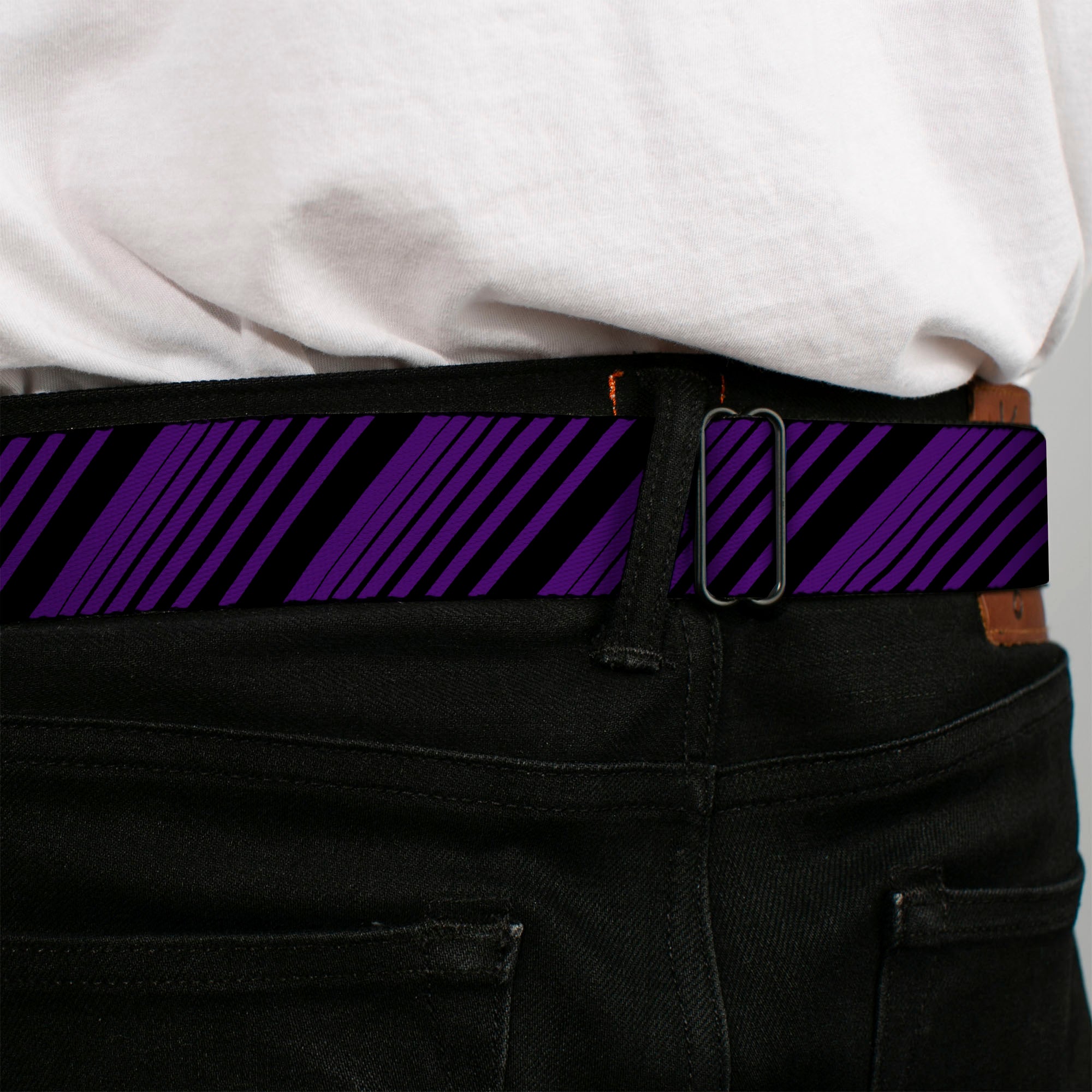 BD Wings Logo CLOSE-UP Full Color Black Silver Seatbelt Belt - Diagonal Stripes Black/Purple Webbing Seatbelt Belts Buckle-Down