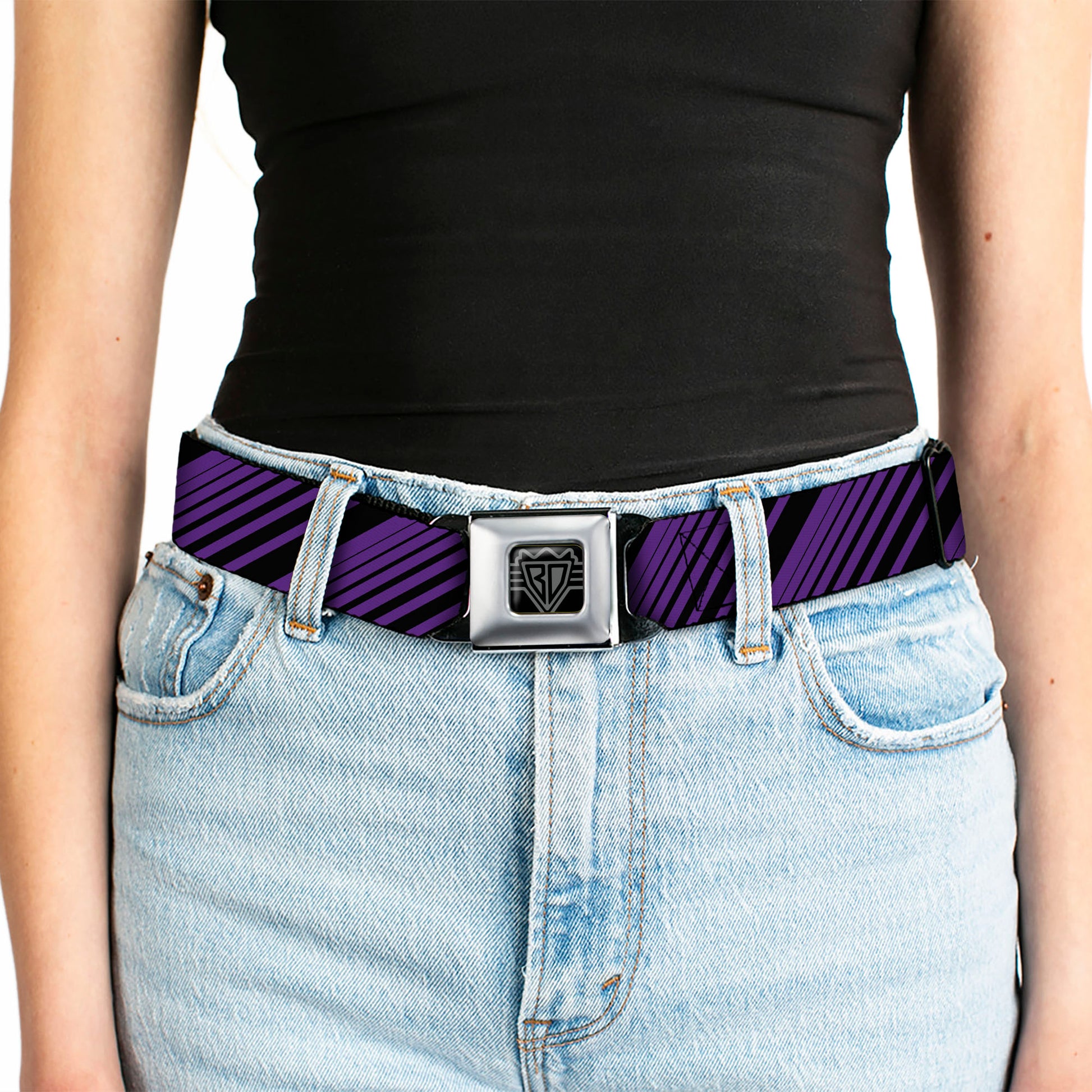 BD Wings Logo CLOSE-UP Full Color Black Silver Seatbelt Belt - Diagonal Stripes Black/Purple Webbing Seatbelt Belts Buckle-Down