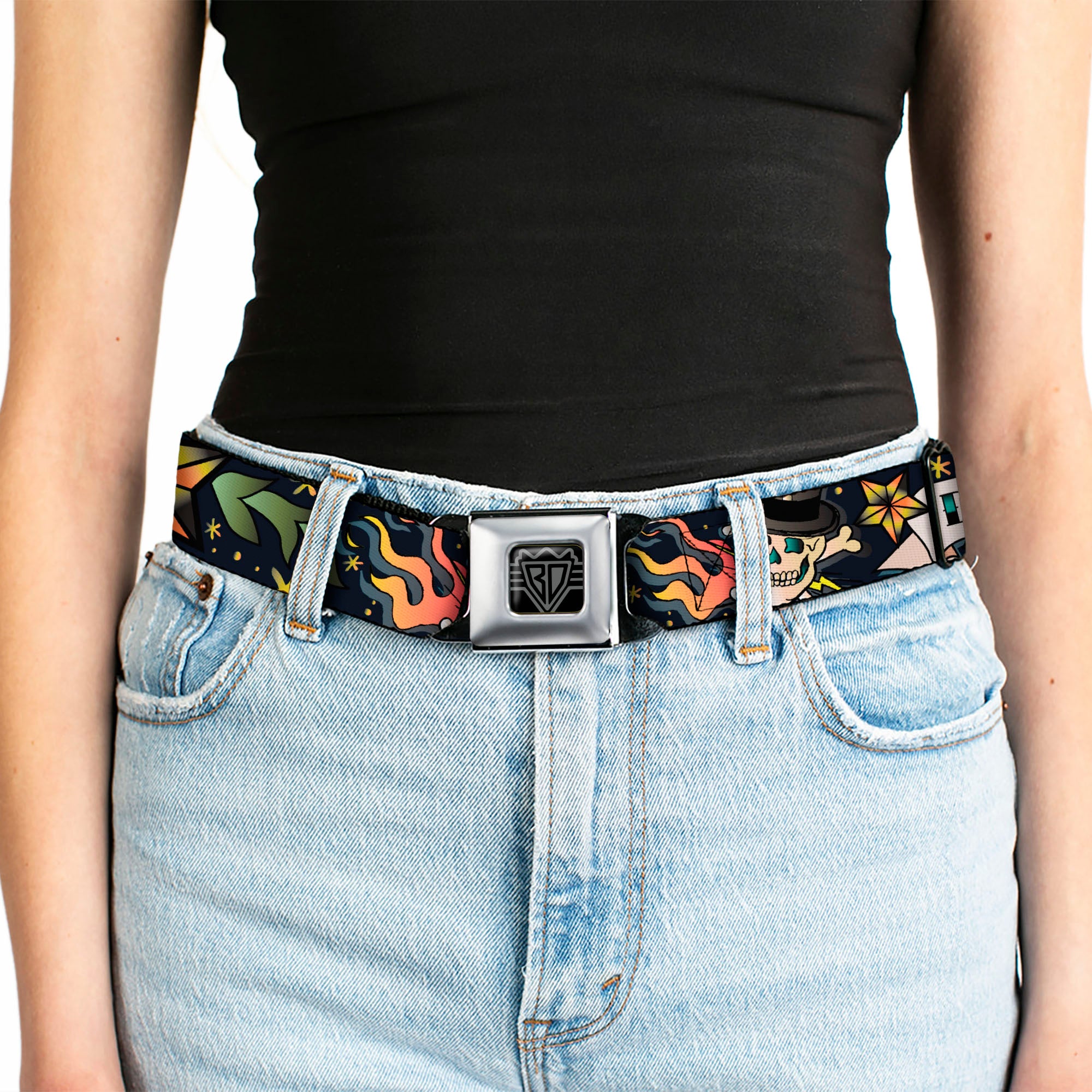 BD Wings Logo CLOSE-UP Full Color Black Silver Seatbelt Belt - Death or Glory Black Webbing Seatbelt Belts Buckle-Down